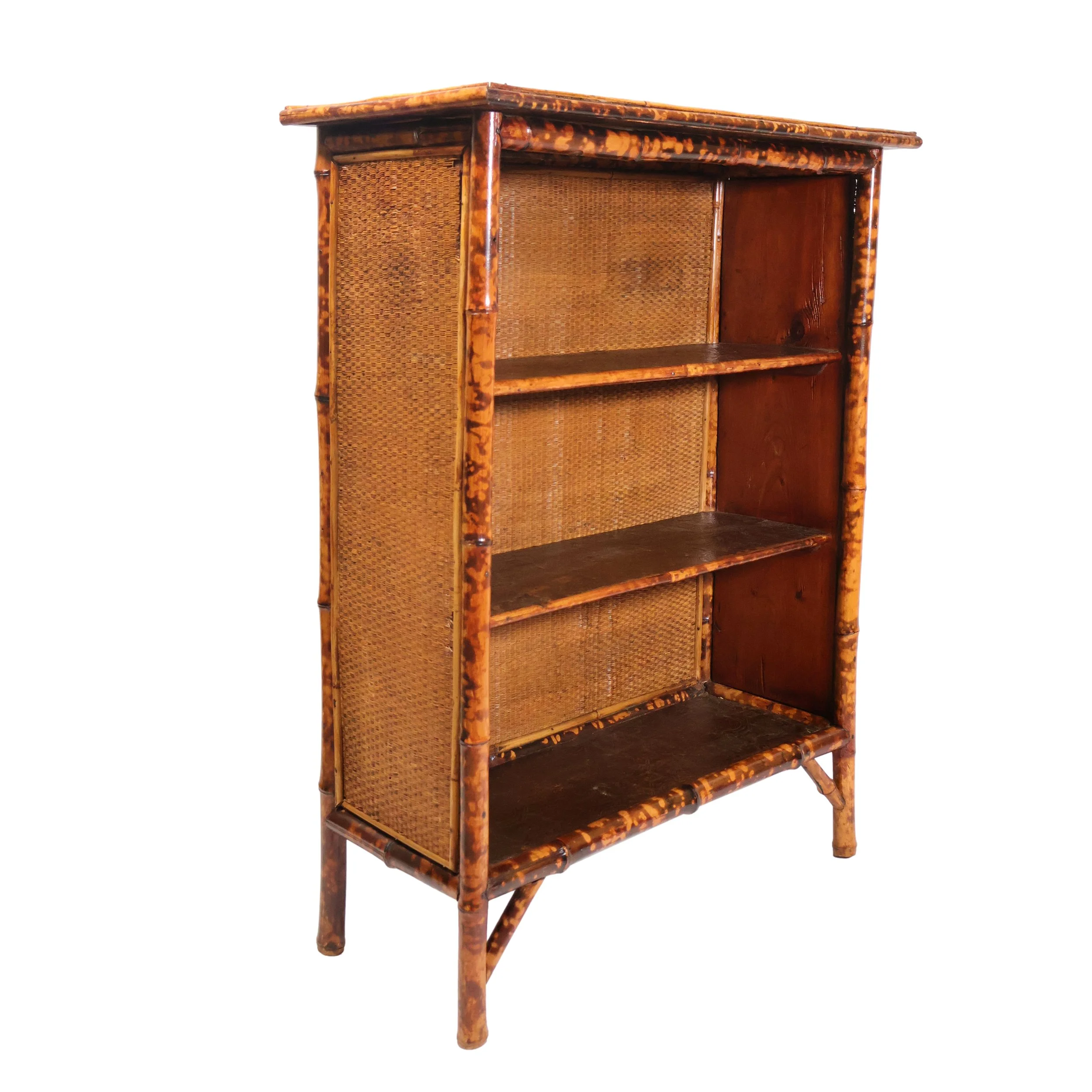 Side View of a Victorian Bamboo Bookcase with Raffia Top & Shelves