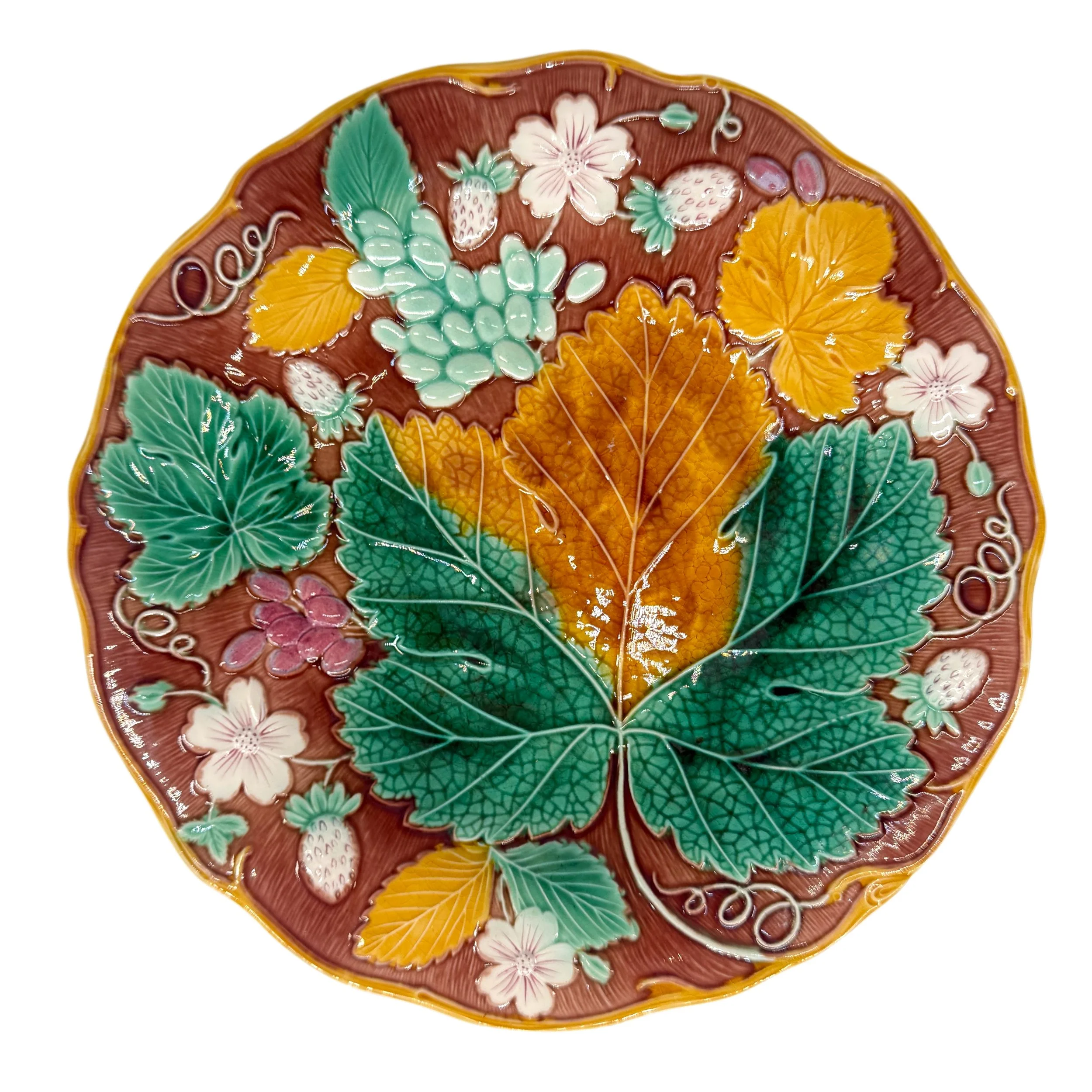 Wedgwood Majolica 'Vine & Strawberry' Plate on a Brown Ground, English, ca. 1896