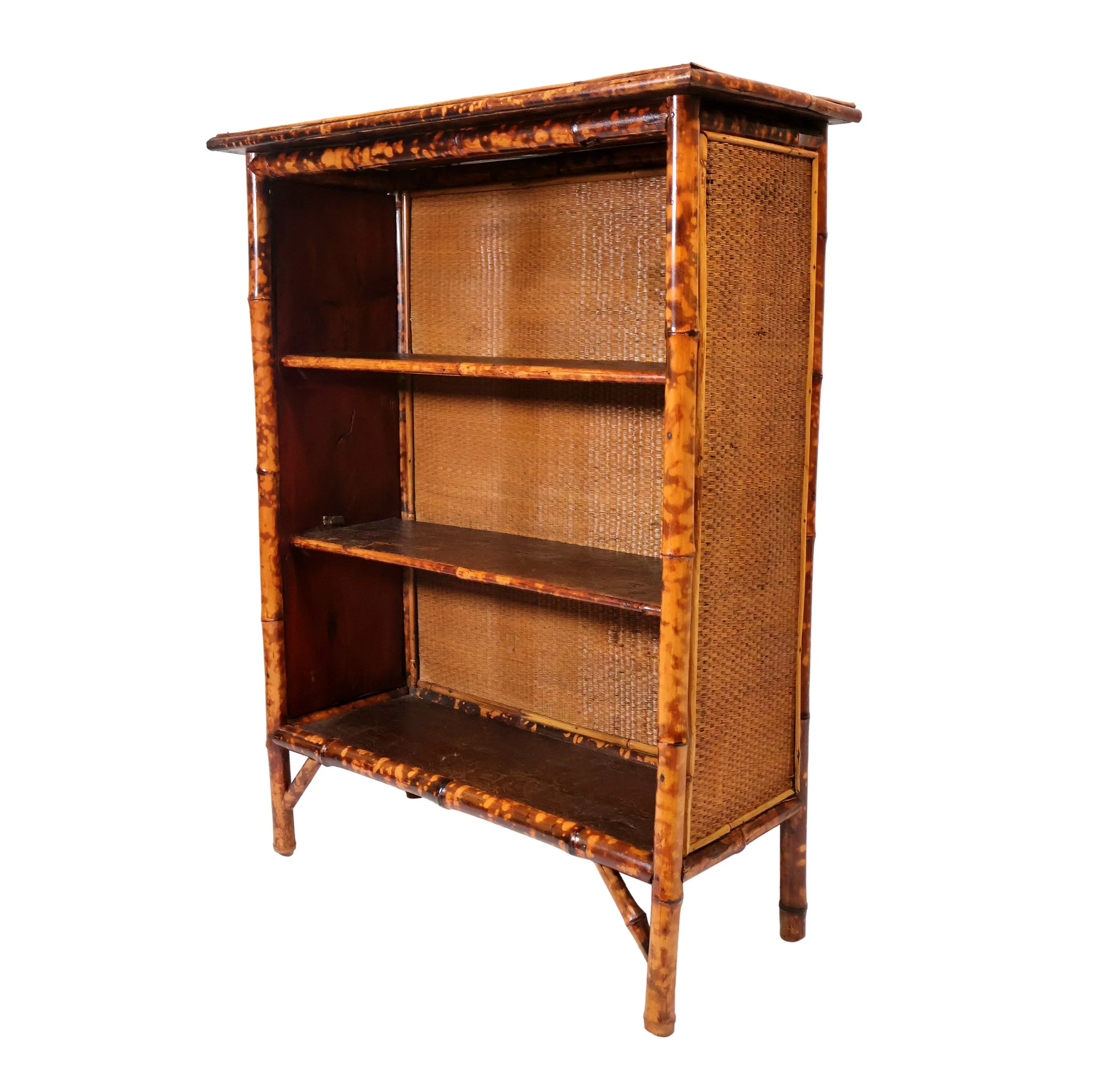 Side View of a Victorian Bamboo Bookcase with Raffia Top & Shelves
