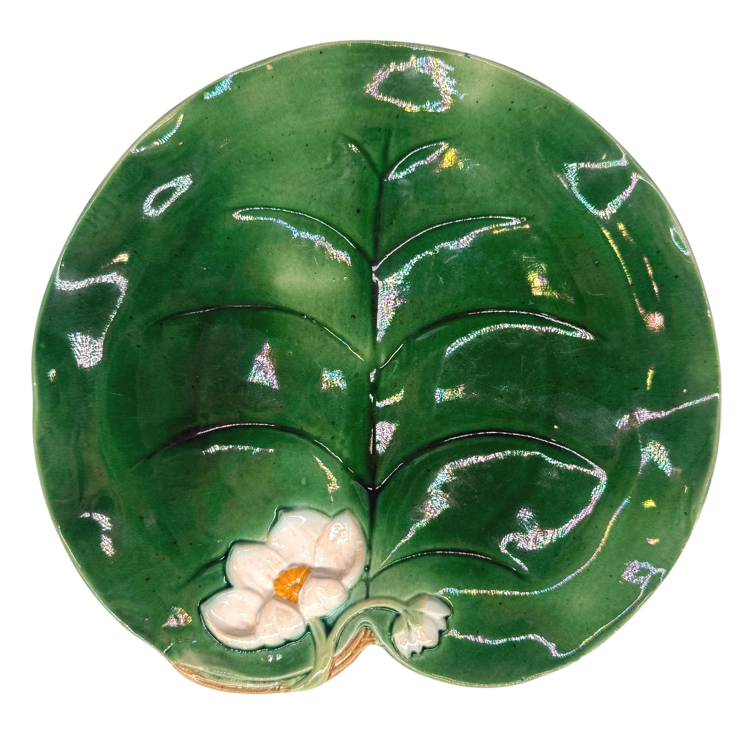 George Jones Majolica Water Lily Plate Glazed in Lush Greens, English, ca. 1869