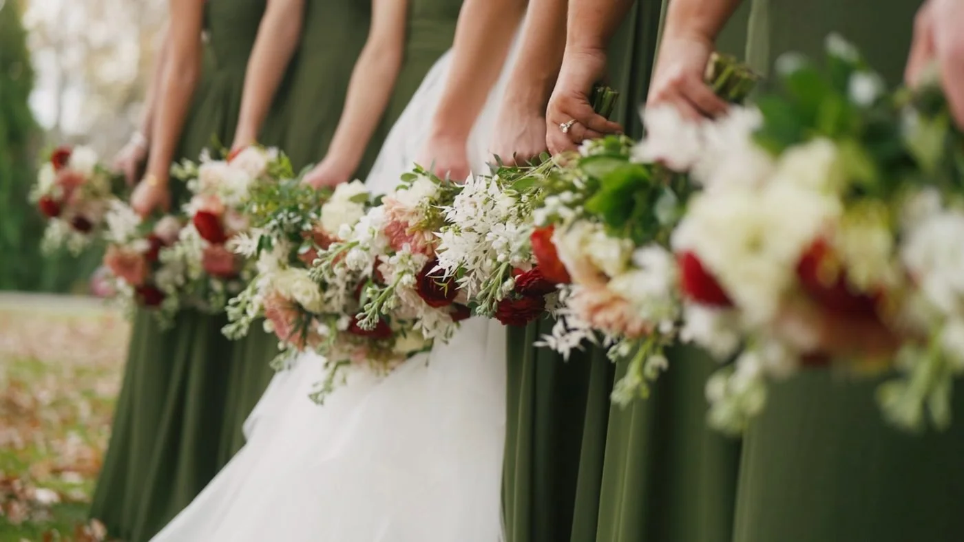 Bridesmaids in green dresses holding bouquets beside the bride