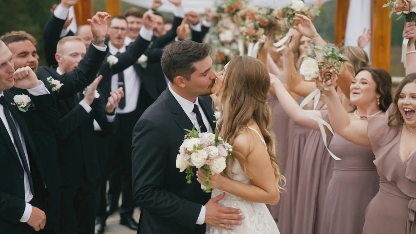 The couple kissing as their wedding party cheers around them