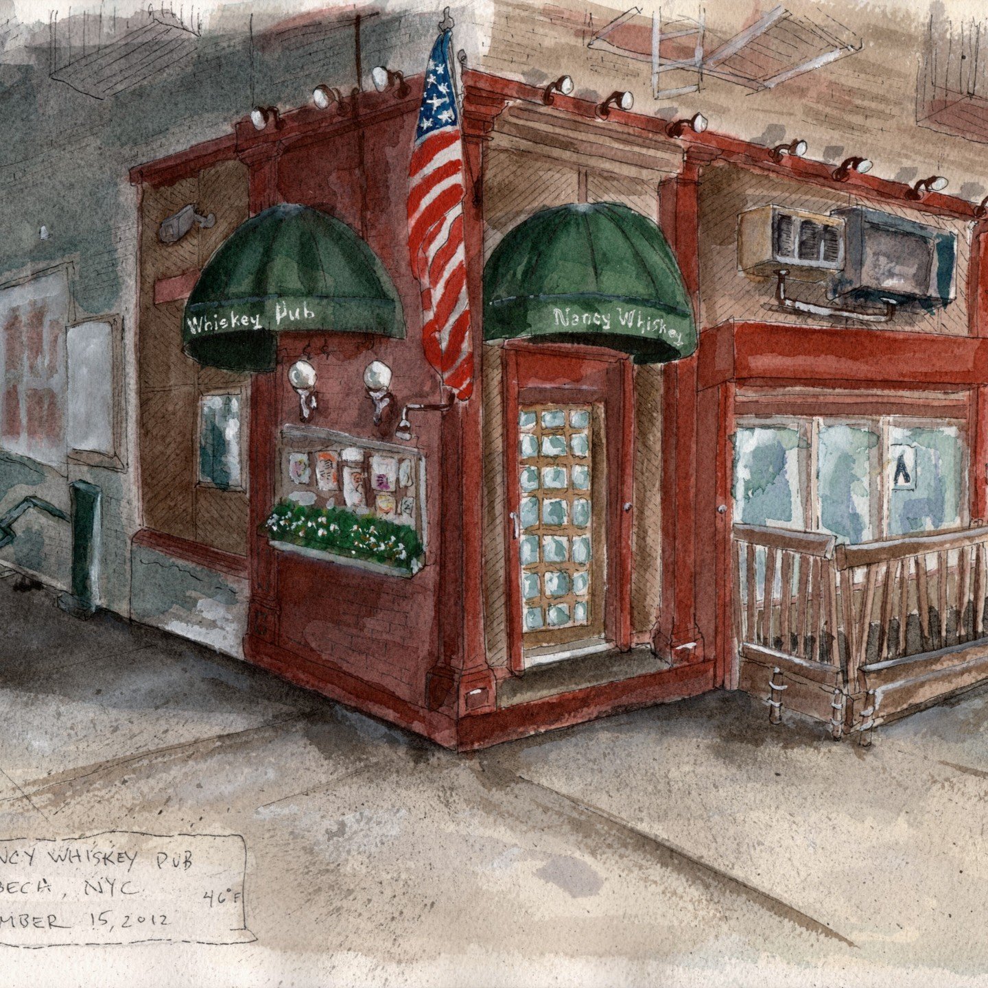 'Nancy Whiskey Pub, Tribeca, NYC' , Watercolor, ink, mixed media, painted on 10 x 14 Arches Cold Press.
.
Right around the corner from my old apartment, we used to visit the Nancy on many late-night occasions. Friendly bartenders that know what you w