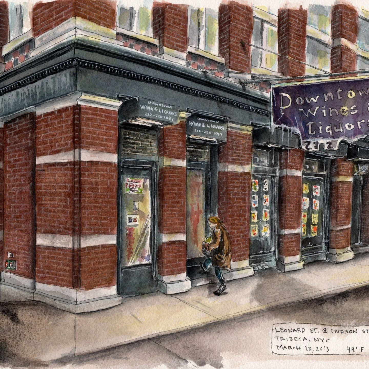 This is now the Portfolio School, at the corner of Leonard and Hudson. @portfoliok12
.
'Downtown Wines &amp; Liquors', Tribeca, NYC' , Watercolor, ink, mixed media, painted on 10 x 14 Arches Cold Press.
.
wwwKovalFineArtcom #watercolor #cityscape #oi