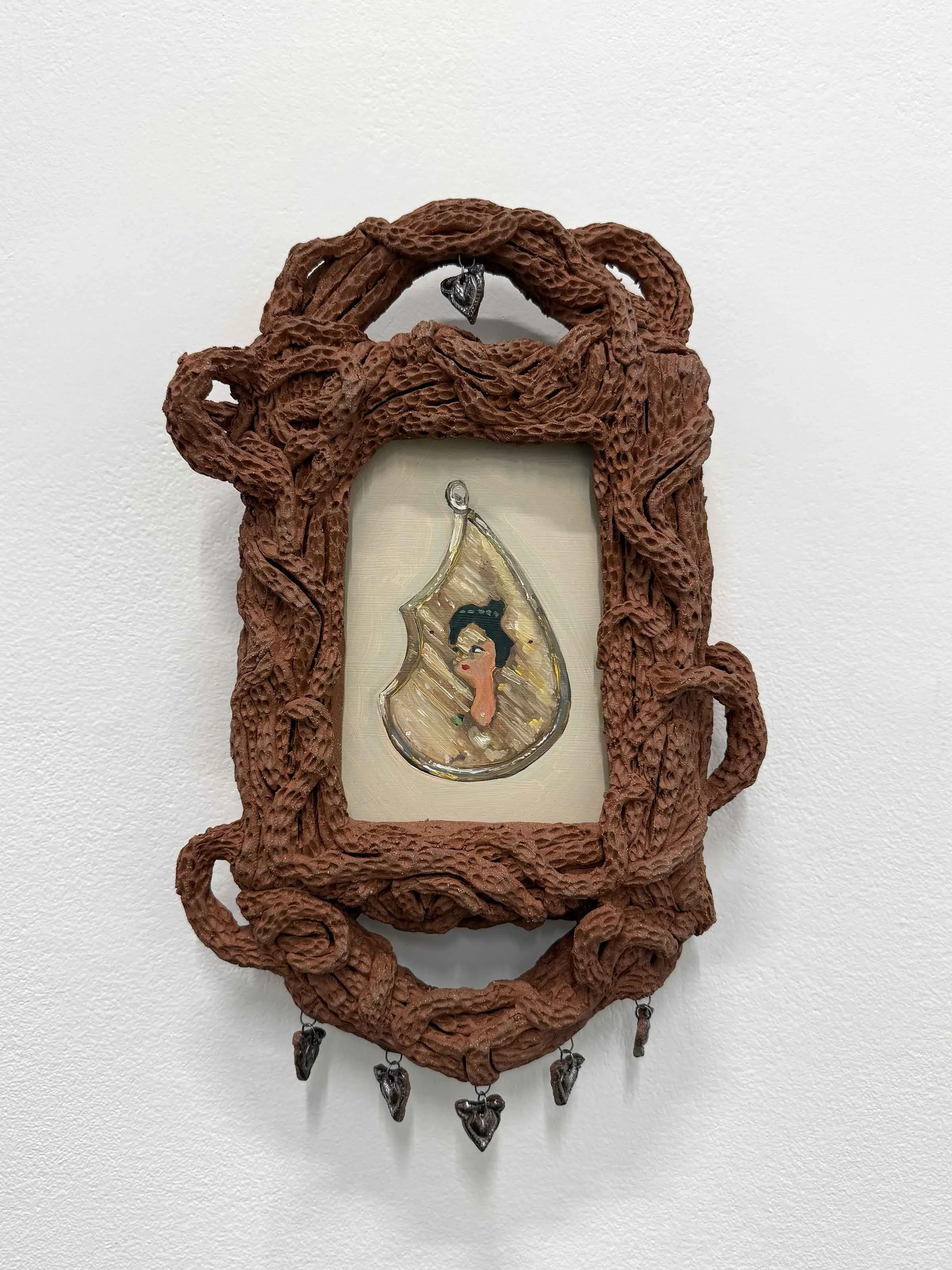   Brooke Schneider and Roselynn Sadaghiani    Keepsake I (Nasrin Street, Tabriz)   2026  Ceramic, glaze, oil on panel  9.5” x 15.5” x 2.5”    