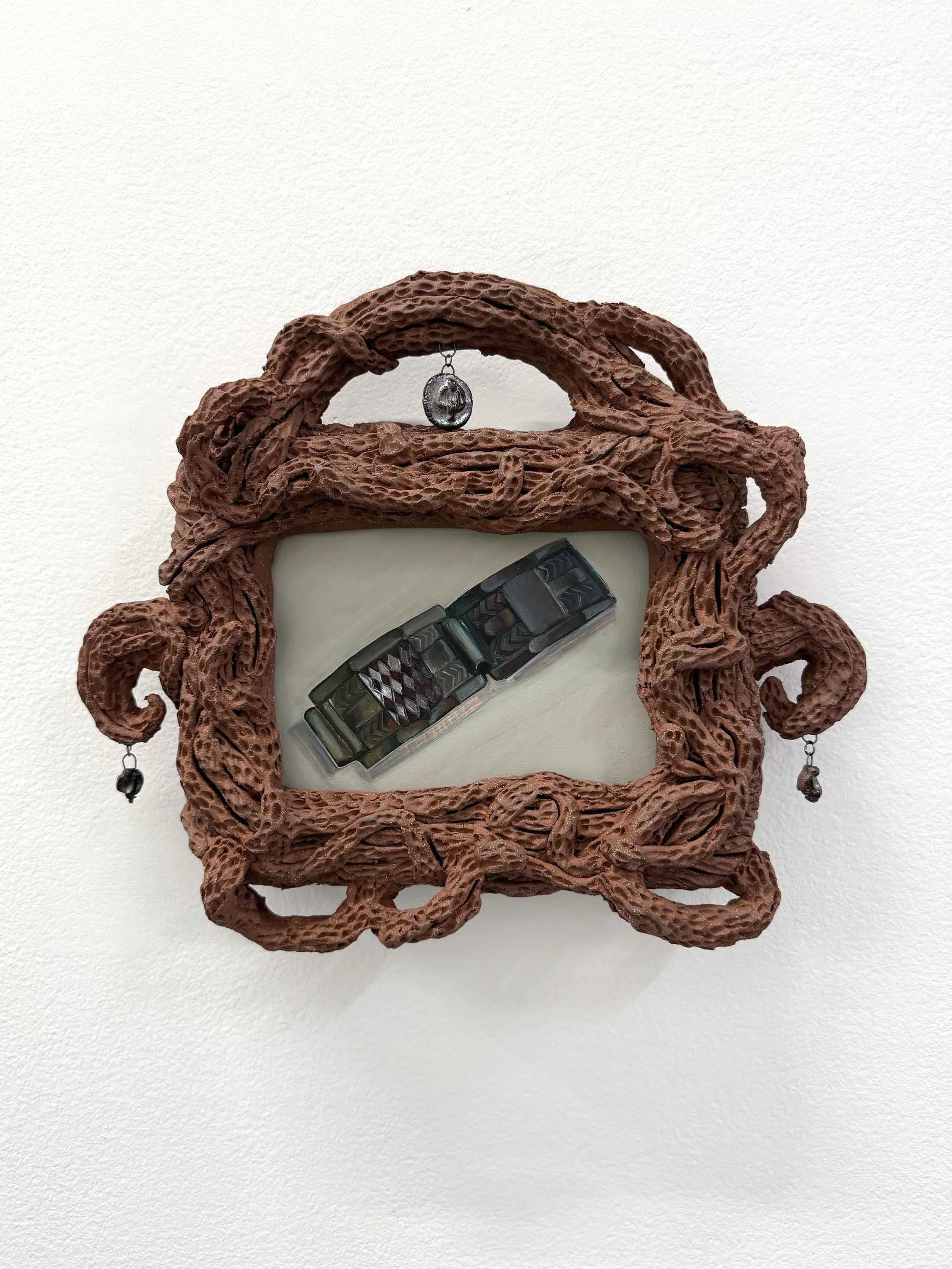  Brooke Schneider and Roselynn Sadaghiani   Keepsake II (Old Buncombe Road, Greenville)   2026  Ceramic, glaze, oil on panel  13.5” x 11.5” x 3” 