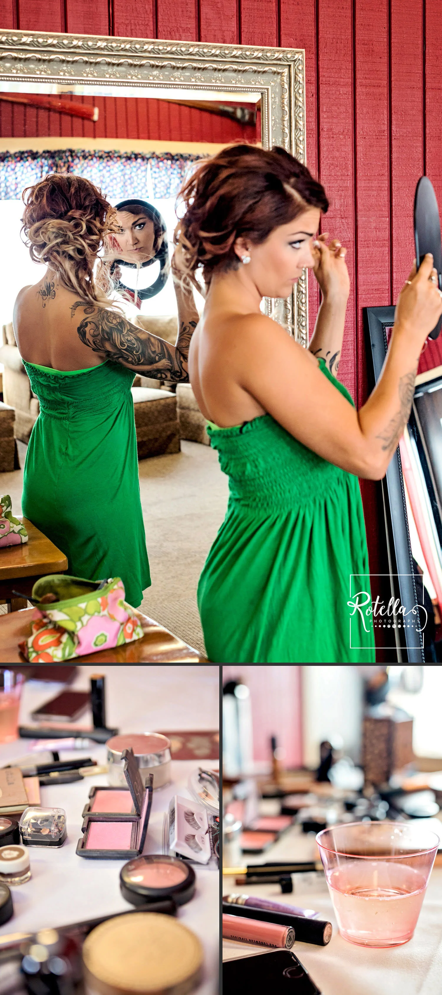 Bridesmaid in green dress putting on makeup by Rotella Photography
