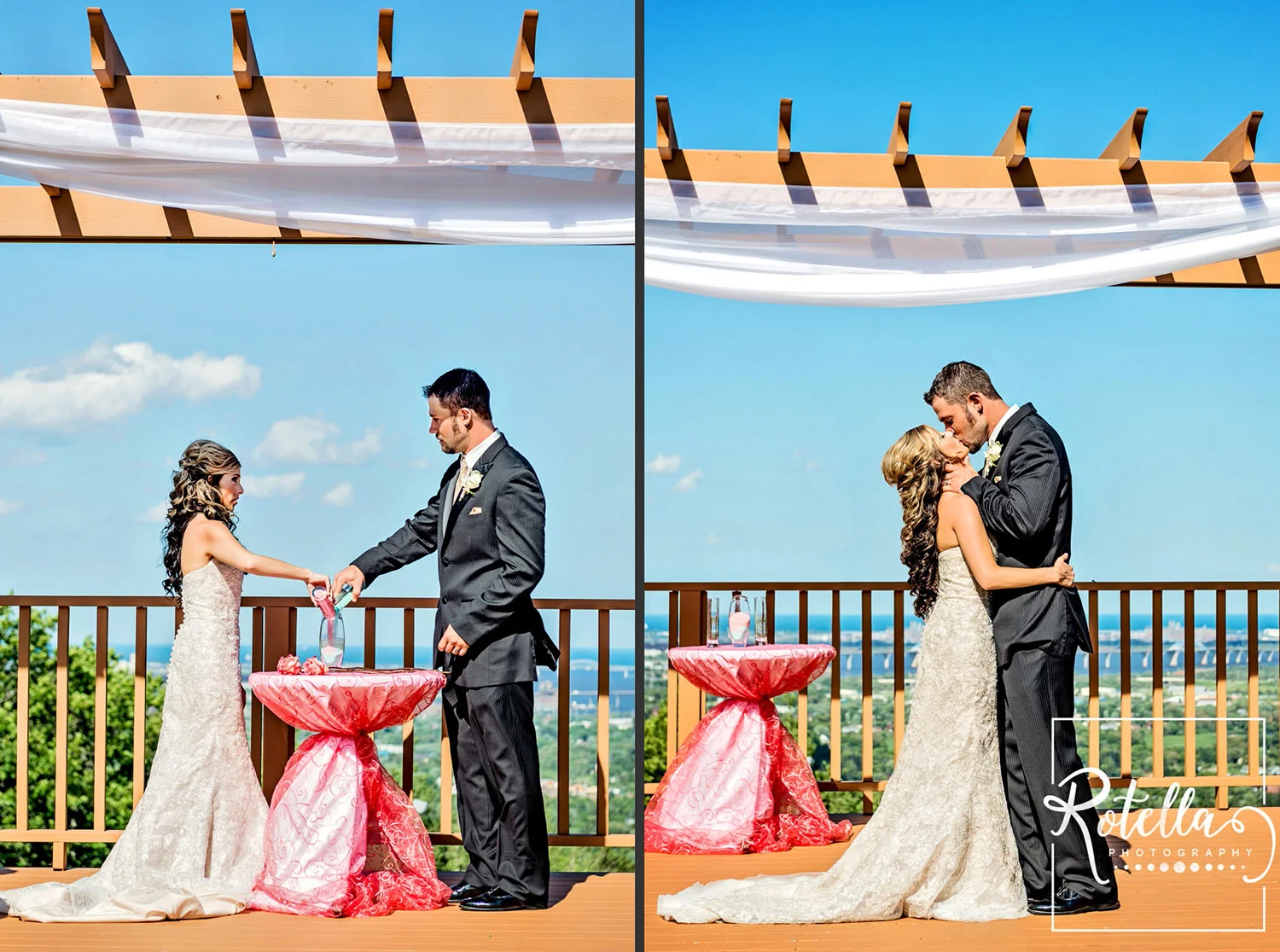ceremony alter outside on hill with skyline by Rotella Photography