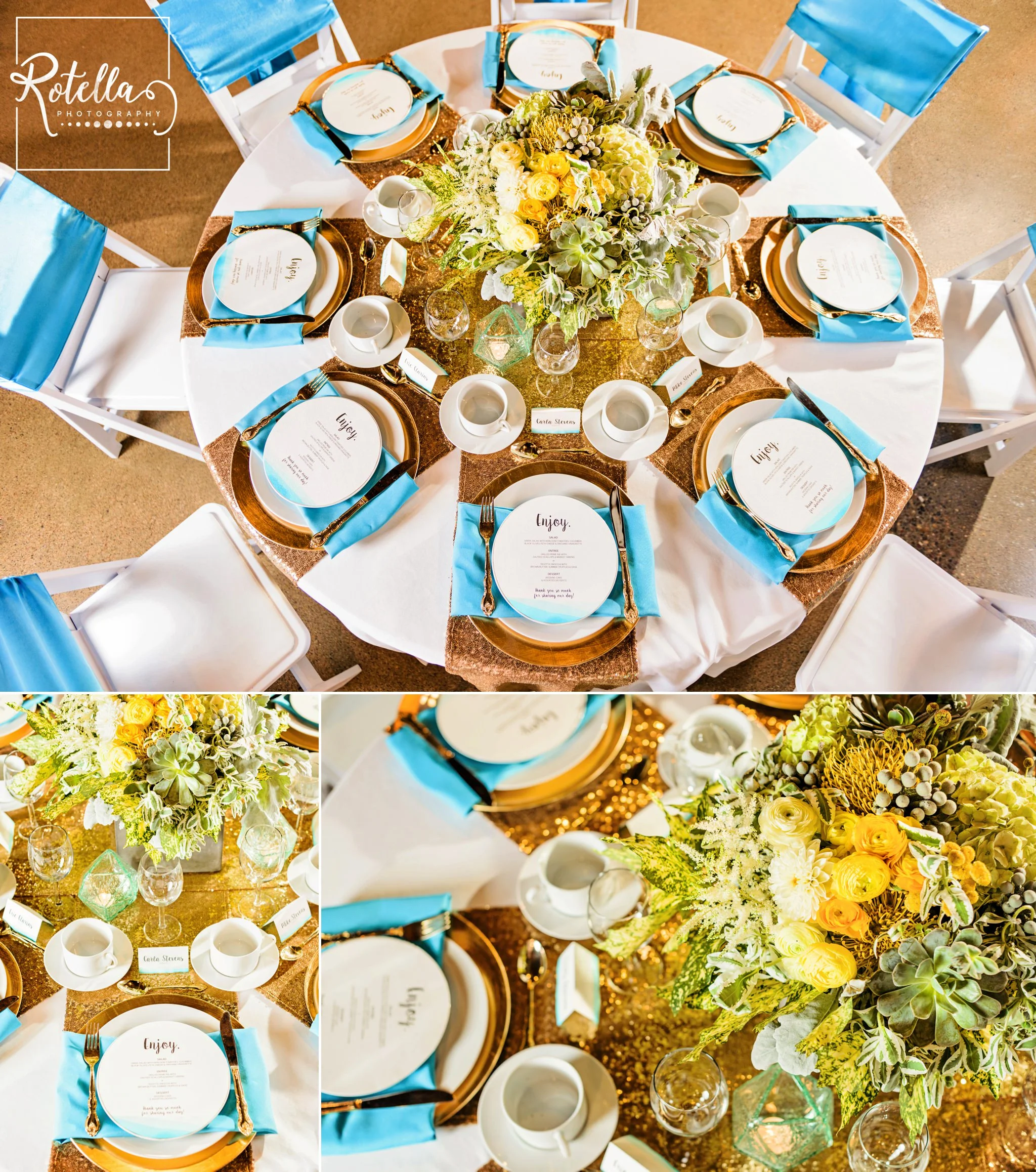 Extravagant teal and gold wedding table display