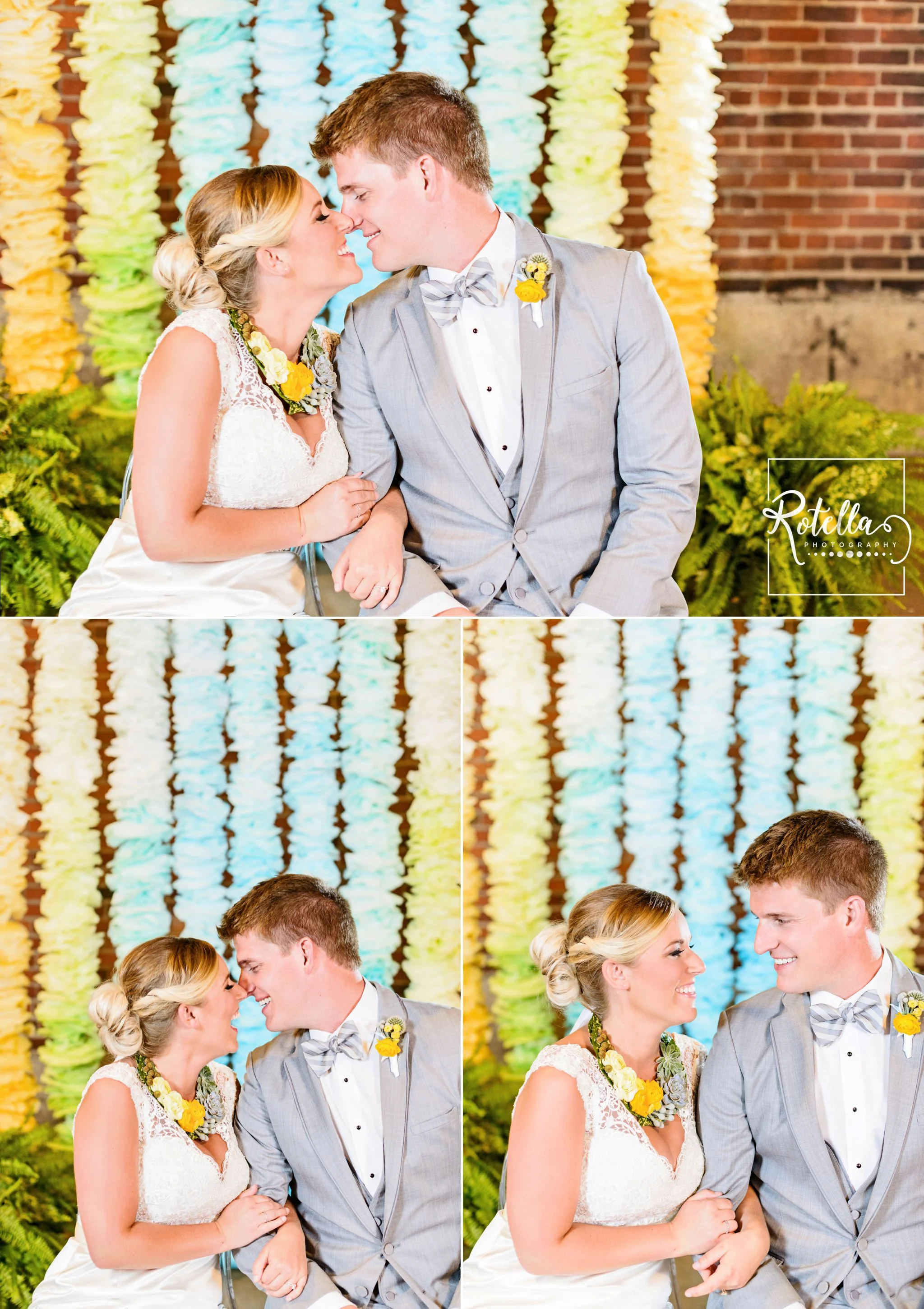 Bride and groom in front of ceremony backdrop