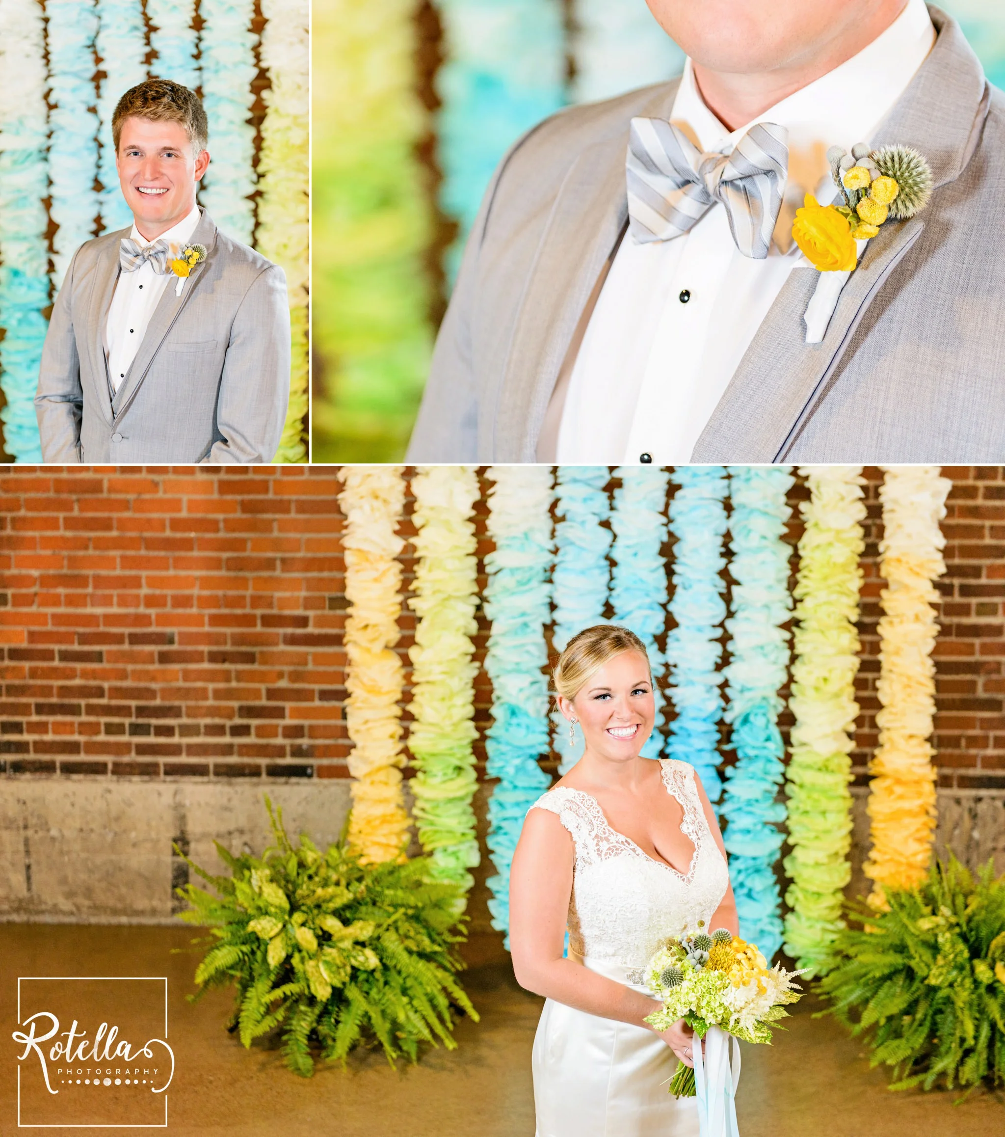 Bride and groom in front of ceremony backdrop