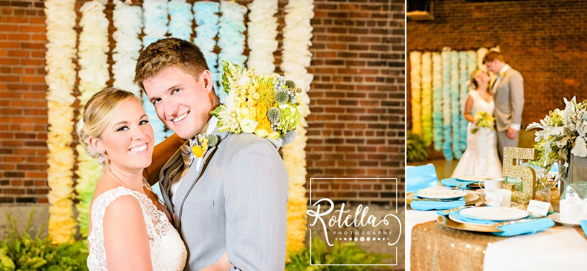 Bride and groom in front of ceremony backdrop