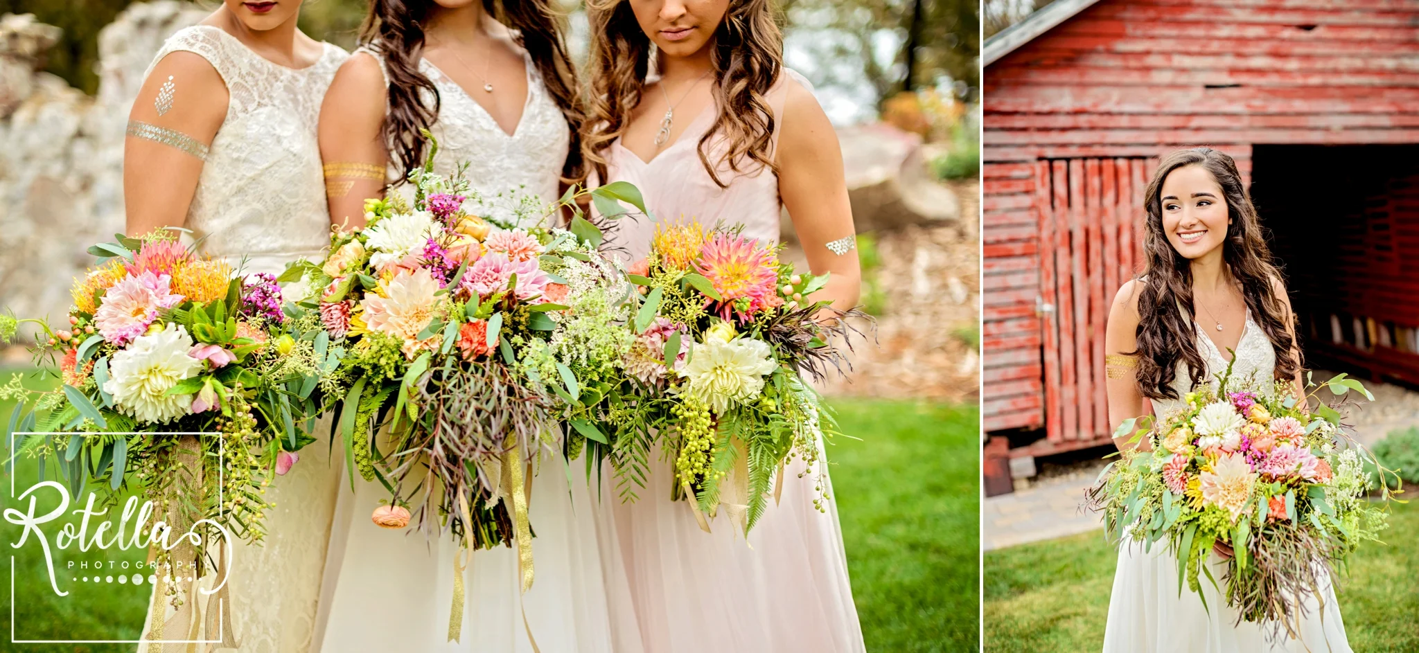 Bride and bridesmaids in front of barn