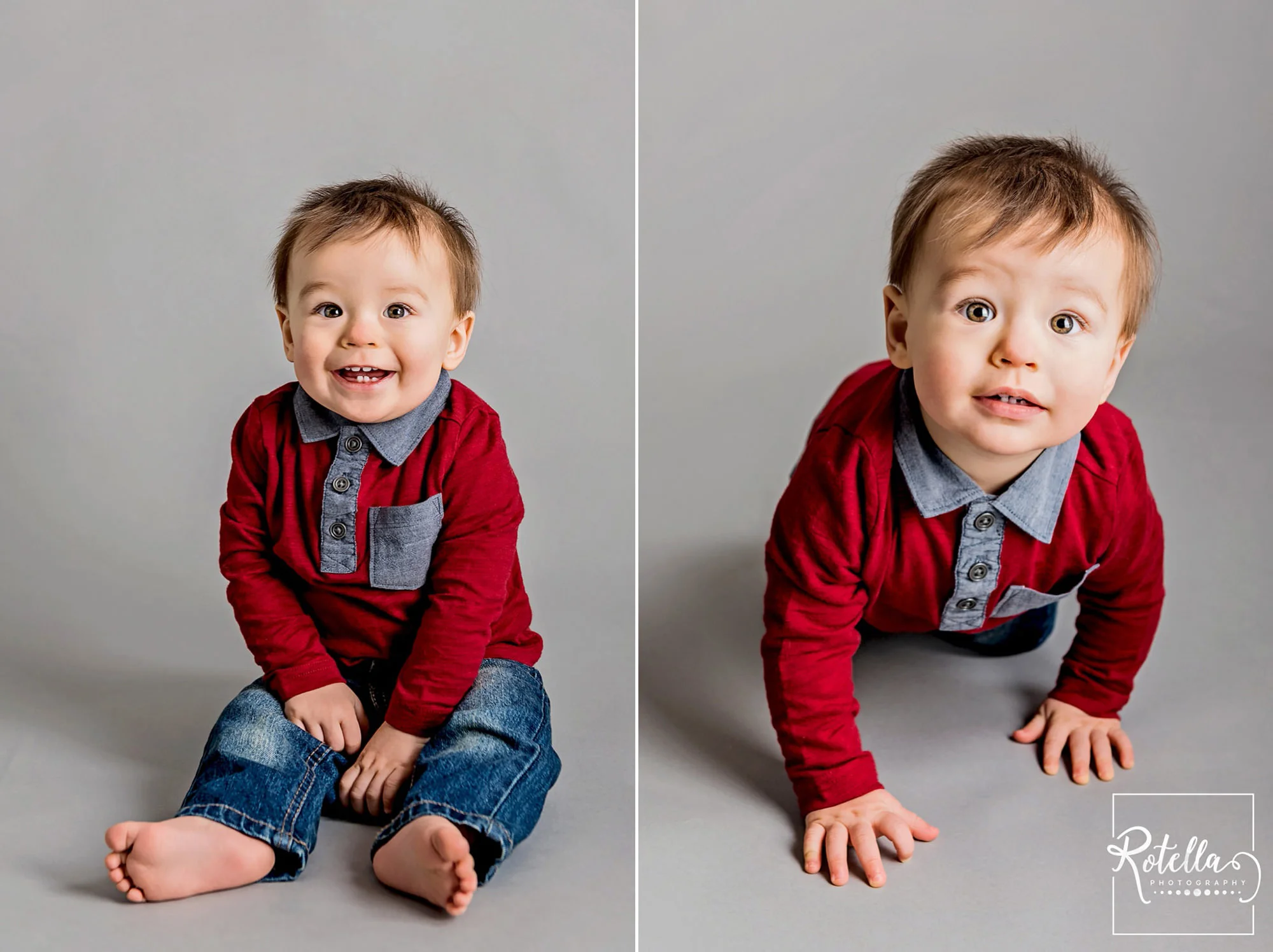 Rotella Photography - baby sitting on grey backdrop