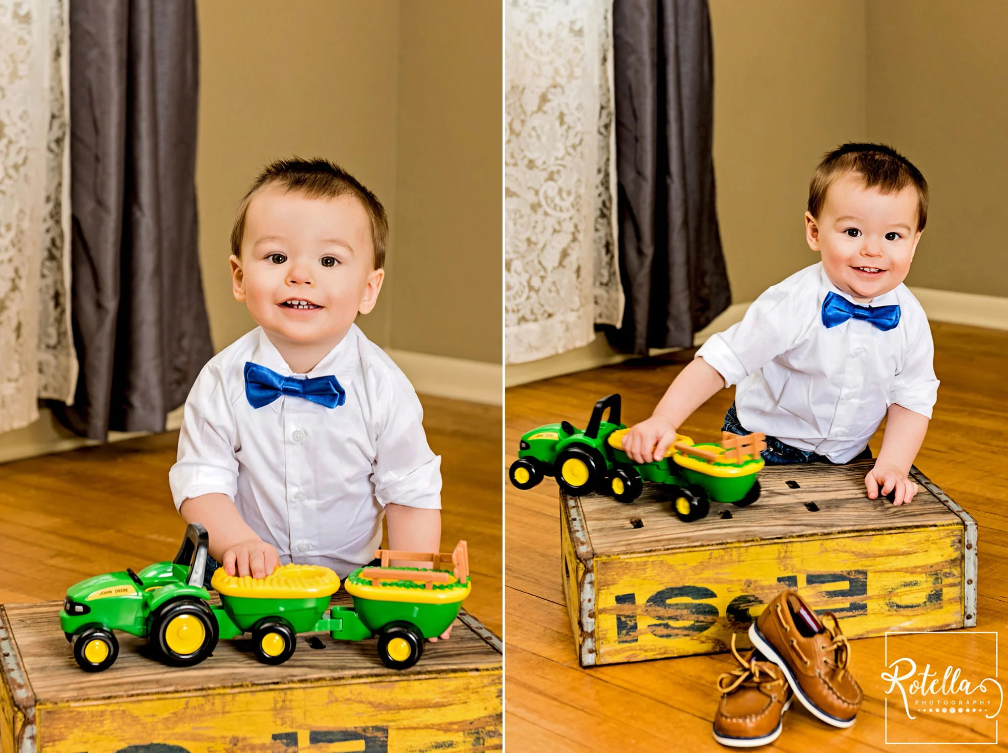 Rotella Photography - family photography baby playing with tractor in studio