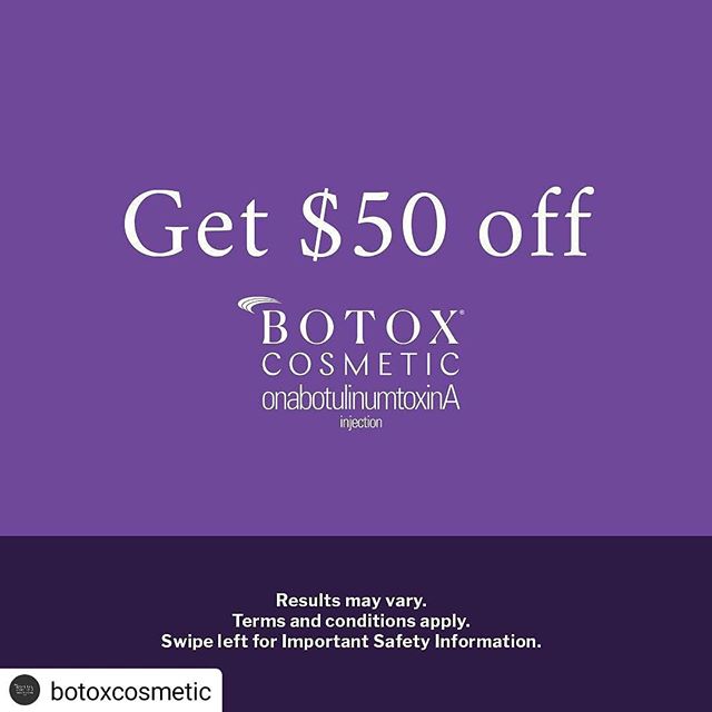 Below is the CURRENT Botox offer! Visit ownyourlook.com to redeem this offer and call our office to schedule! 615 383 6092

#Repost @botoxcosmetic
&bull; &bull; &bull; &bull; &bull;
For full Product Information including Boxed Warning and Medication 