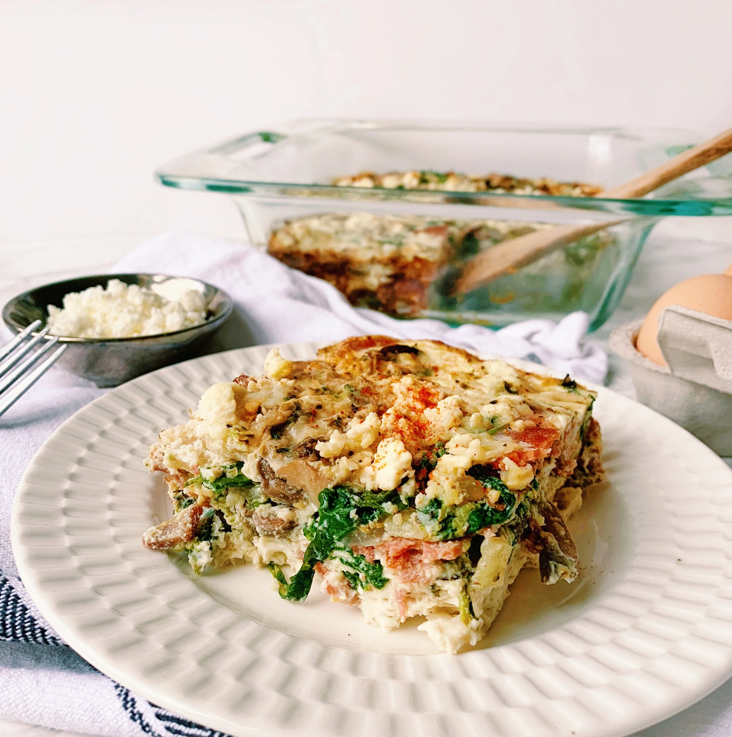 Healthy Veggie Egg White Bake with Turkey Bacon and Feta