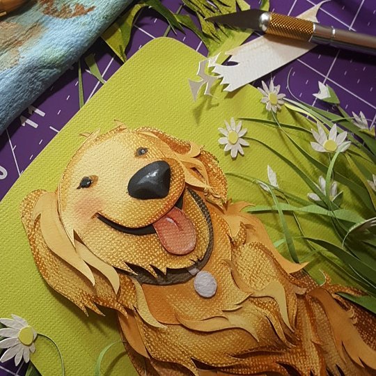 Just about done... The anticipation is killing me! (I want to get started on the next one!) .
.
.
.
#papercutart #paperartist #goldenretrieverart #goldenretriever #daisies #crazyartist #cantwaittofinish #almostdone #iknowimcrazy #dogartist #rebeccast