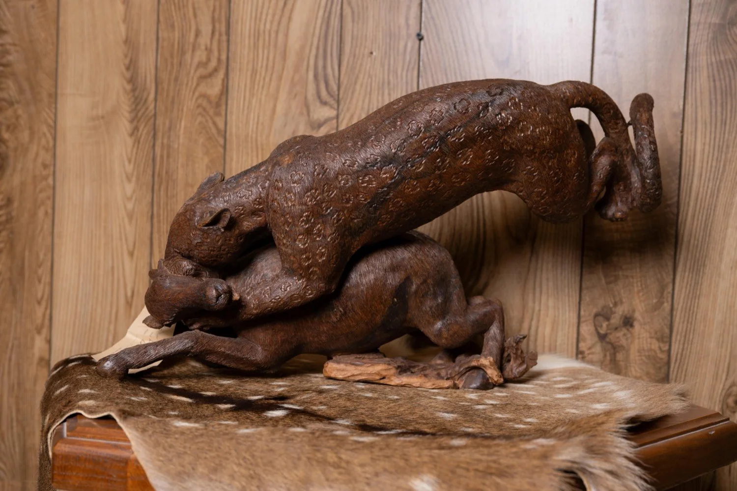 Leopard attacking impala carved in ironwood, South Africa, view 7