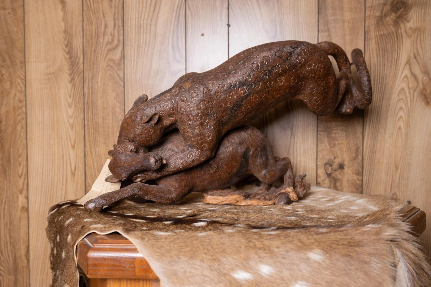 Leopard attacking impala carved in ironwood, South Africa, view 6