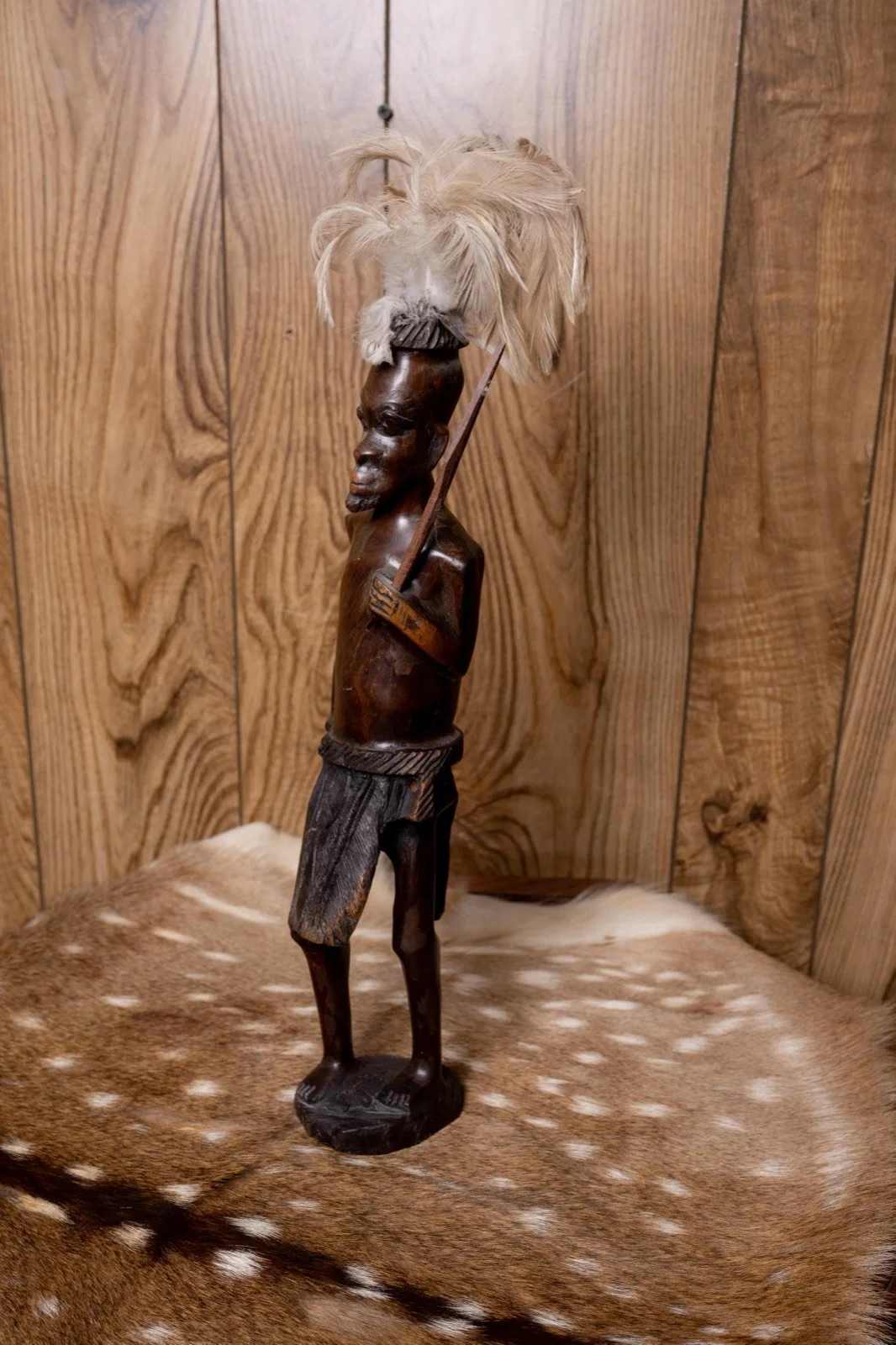 South African carved warrior statue, view 2