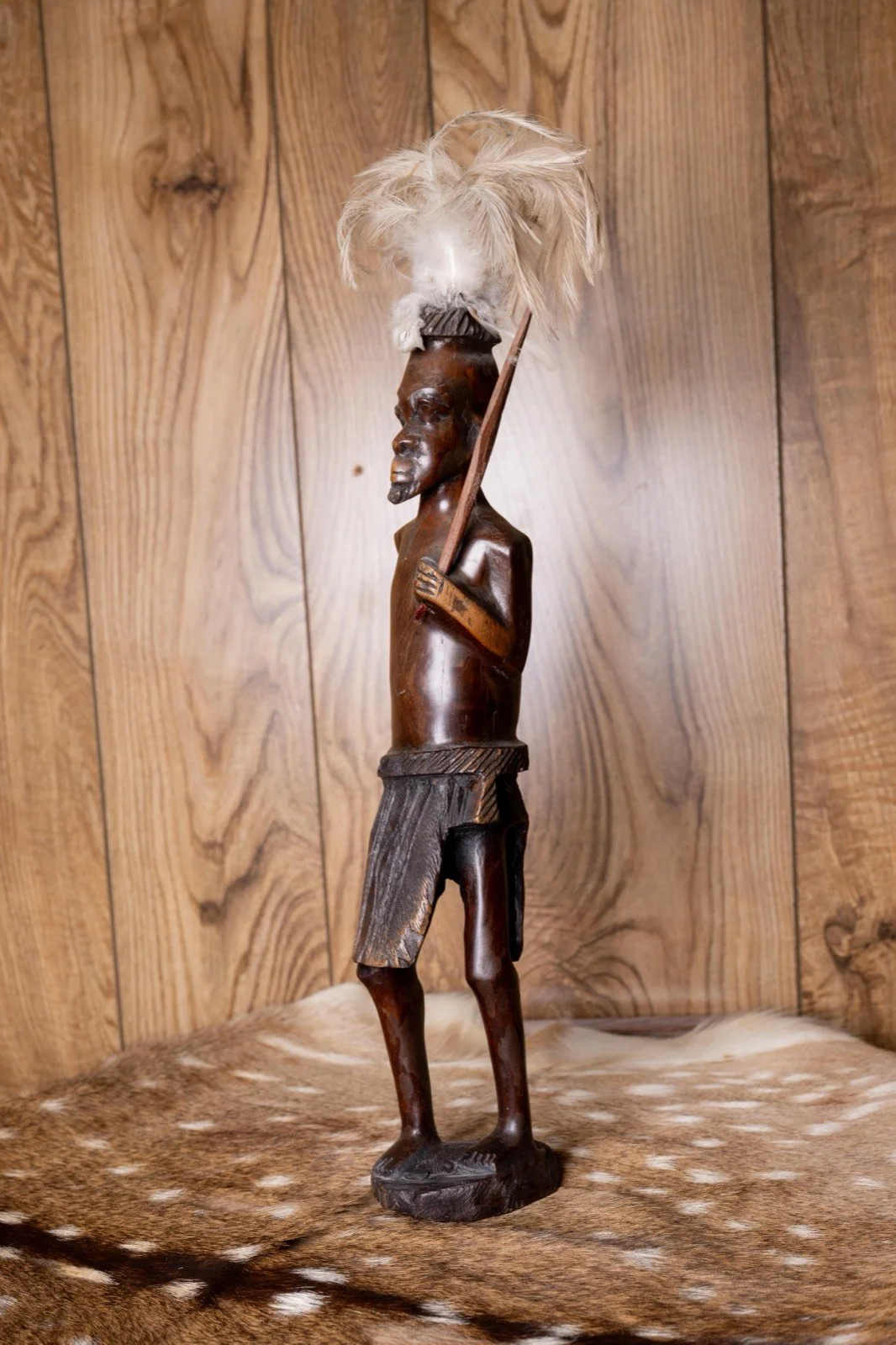 South African carved warrior statue, view 1