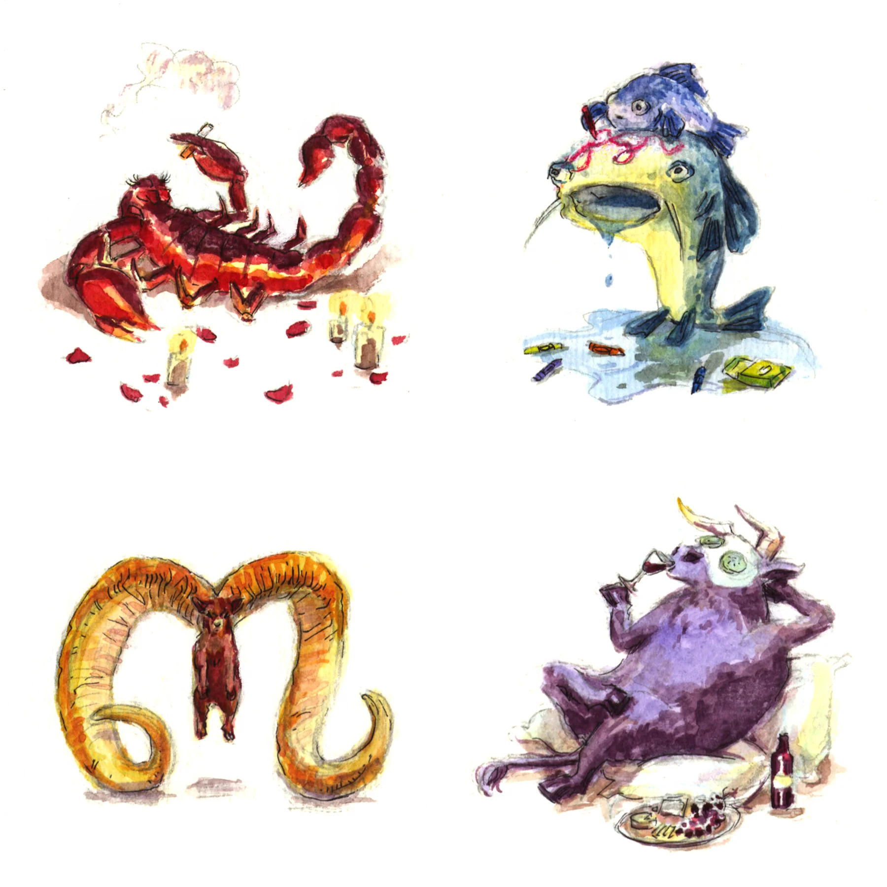 Zodiac signs scorpio, pisces, aries, and taurus.