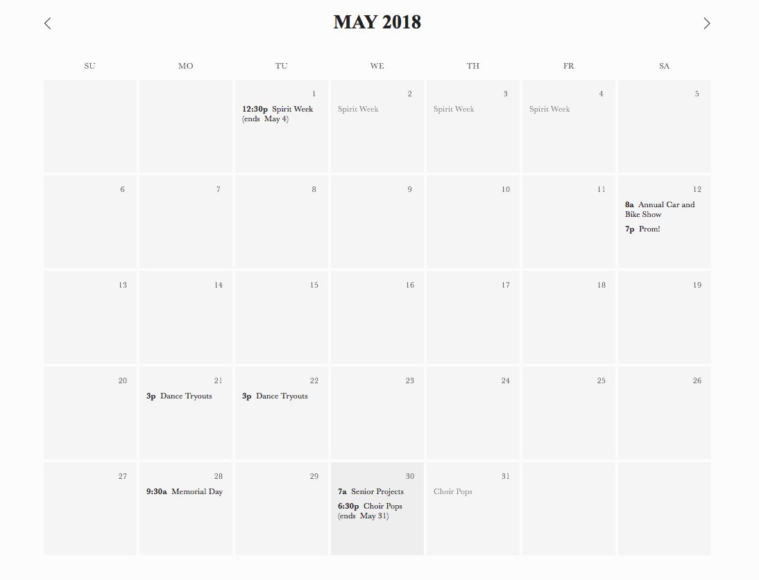This is our calendar for the month of May!