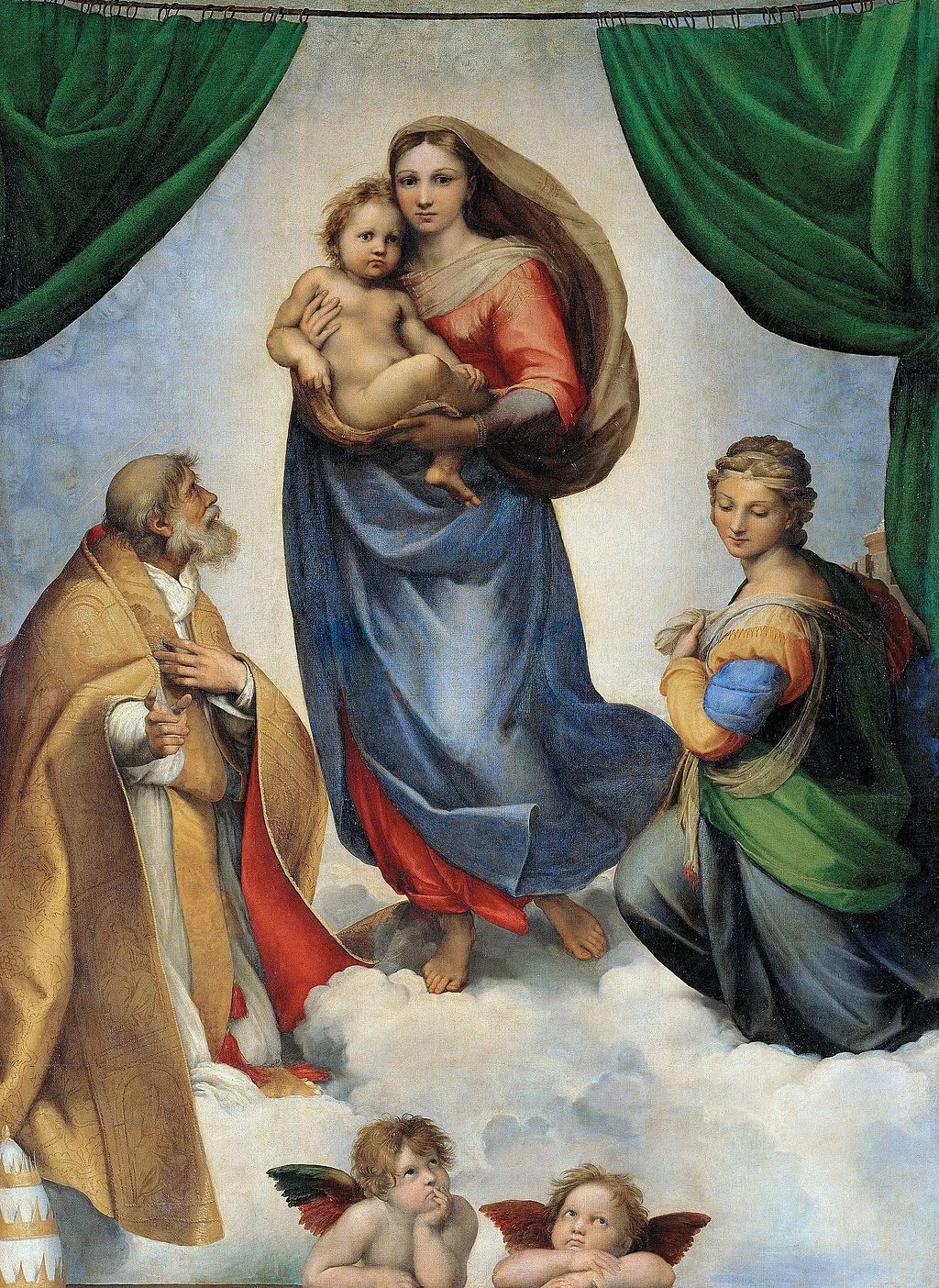 Raphael's Sistine Madonna poises delicately on a cloud, befitting her ethereal presence, while lesser persons sink a little into the fog.