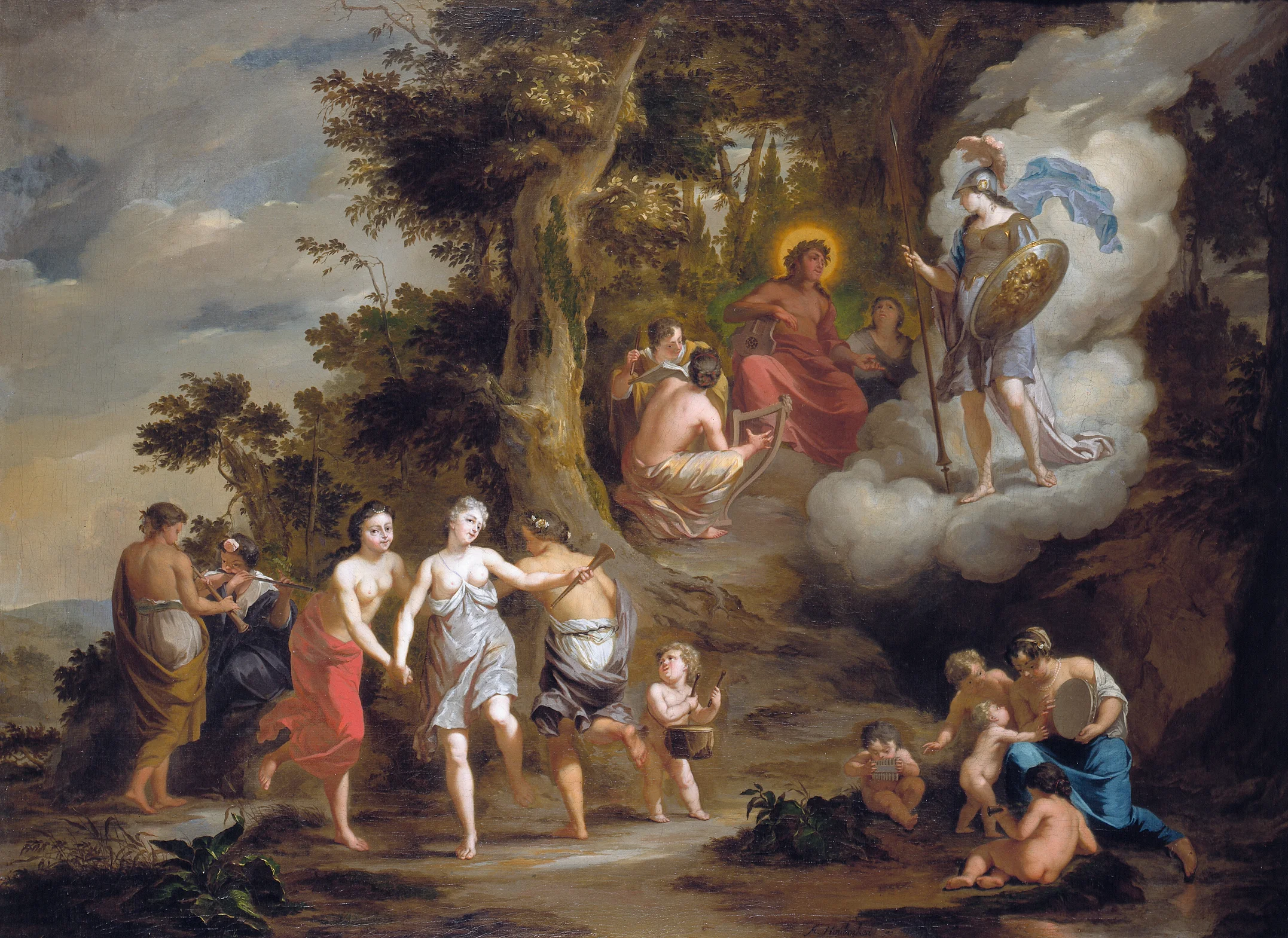 Clouds illustrate the spirit states of divinities of all kinds, to the extent that they bring their clouds with them when journeying to lower realms. Here Athena suggests to us her recent arrival from Mount Olympus when visiting Apollo, by trailing a cloud of glory. Arnold Houbraken Pallas Athene Visiting Apollo on the Parnas