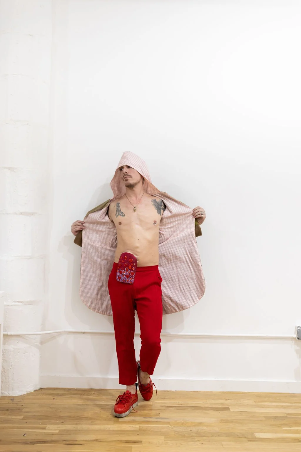 PANTS: Red production scrap fabric