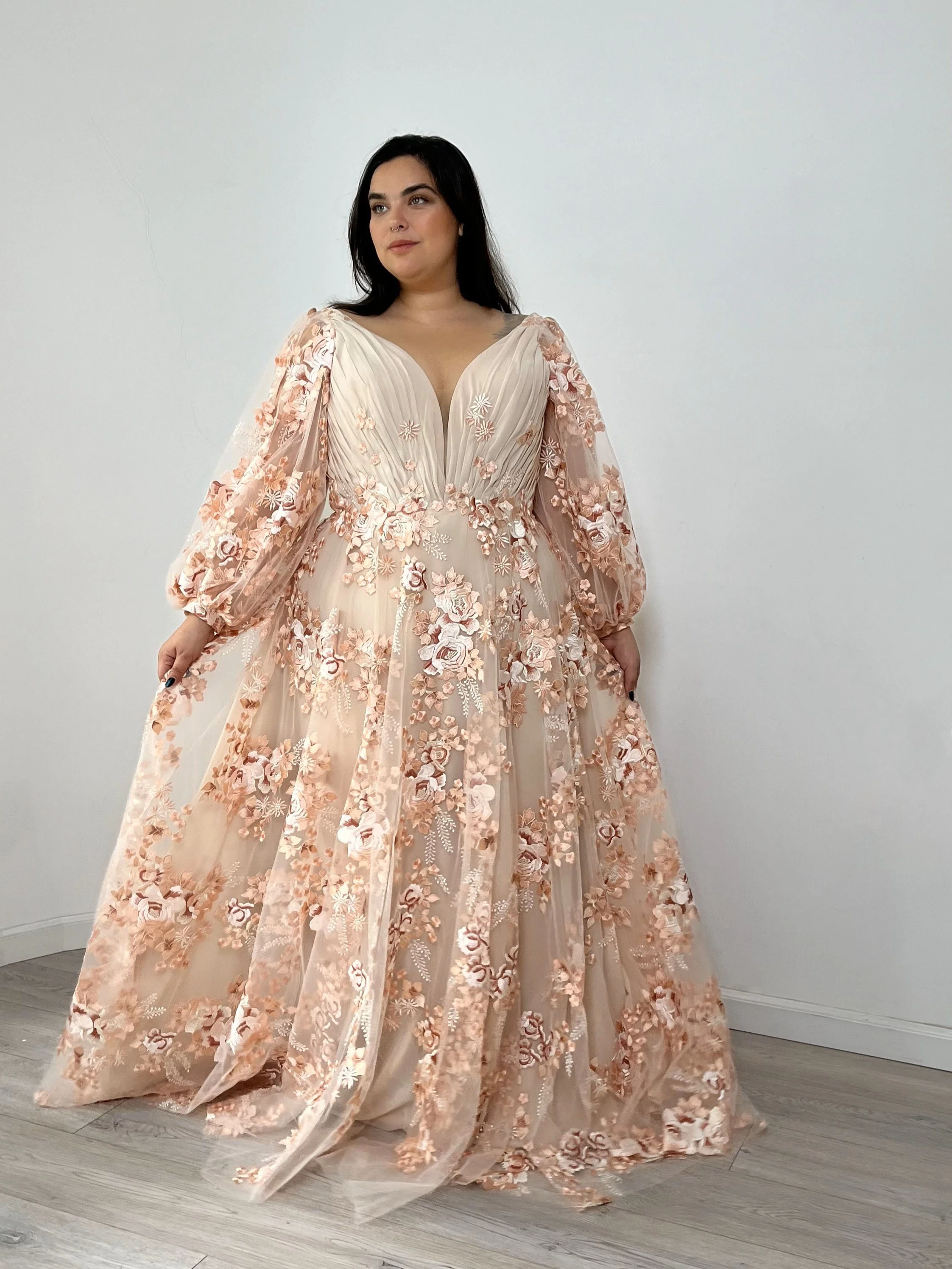 Incredible pink plus size wedding dress - Plus size wedding dresses UK with flowers and sleeves - Surrey bridal shops