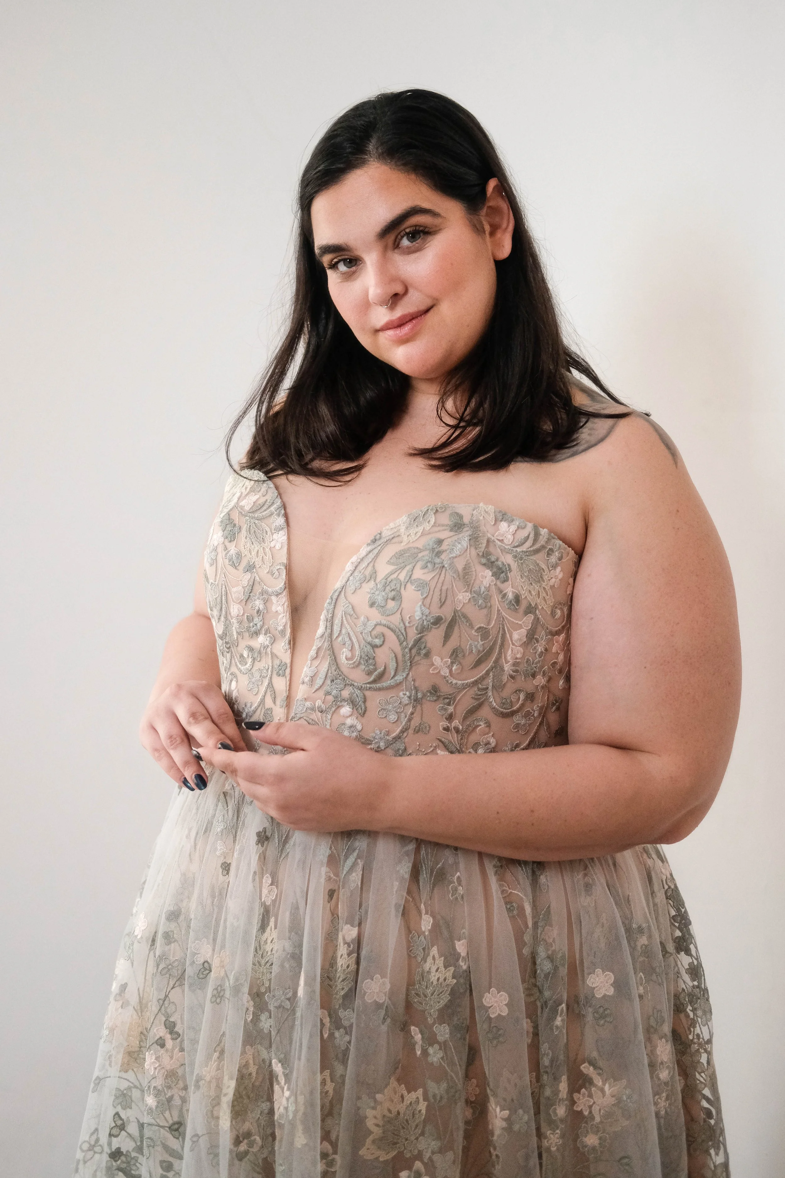 Colourful plus size wedding dresses in Surrey near London - Plus size peach and green wedding dress UK South East