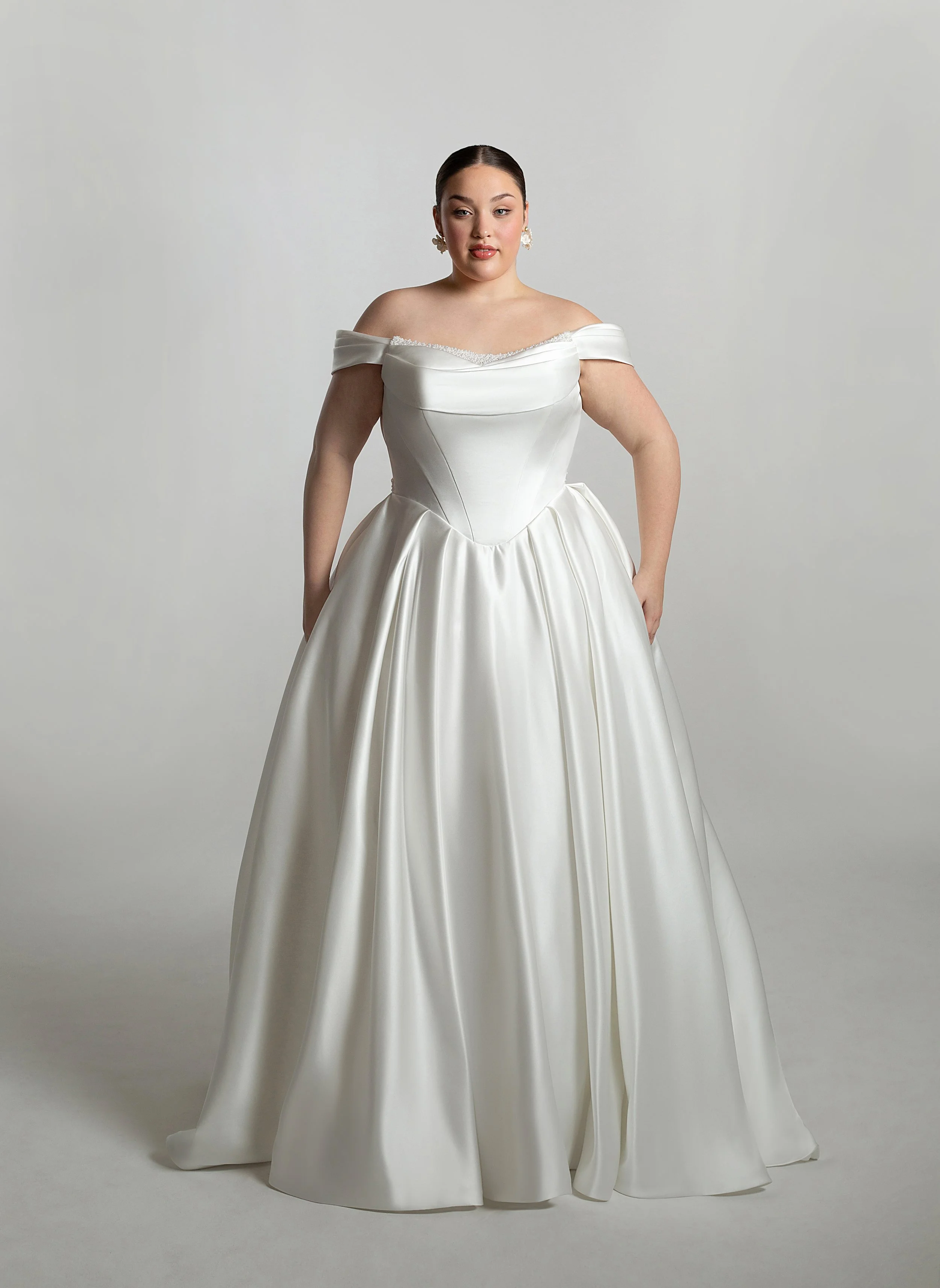 Plus size wedding dress with basque waist - satin ballgown plus size wedding dress in Surrey near London and West Sussex