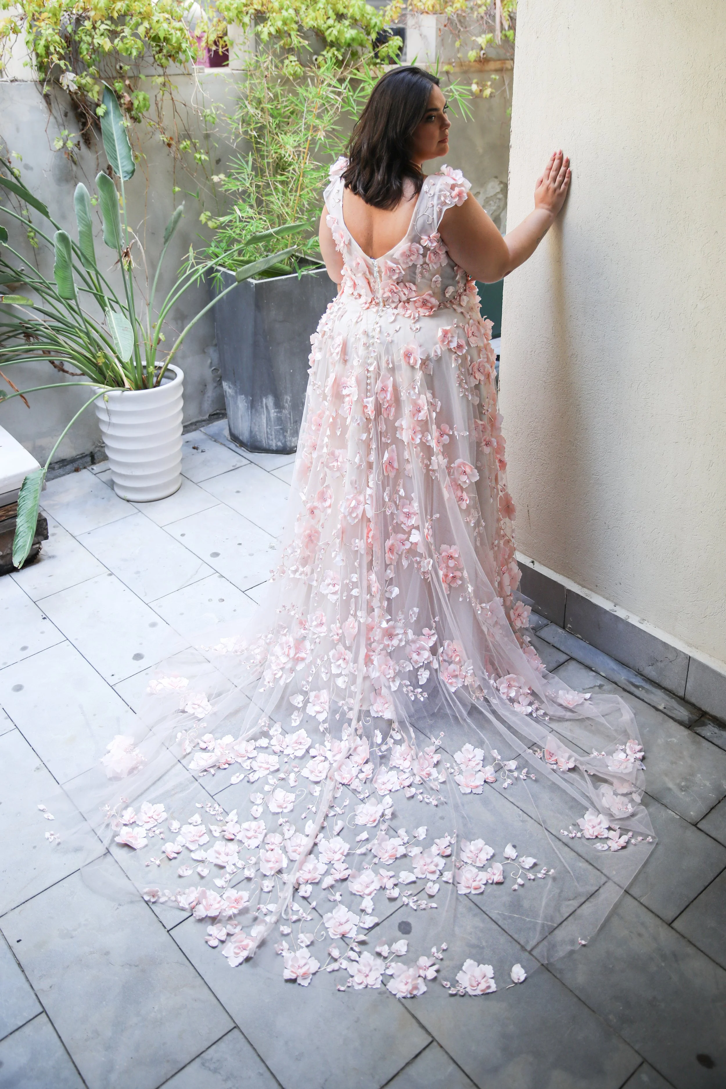 Pink plus size wedding dress with flowers UK - Surrey, London, Kent, Brighton