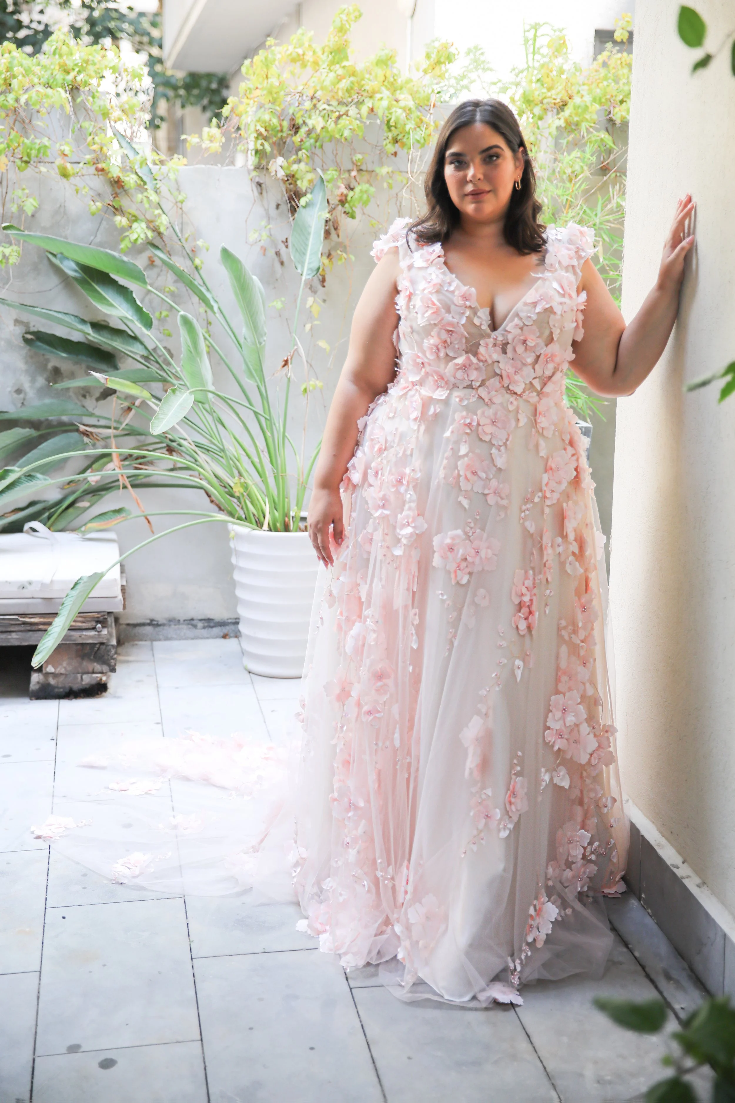 Pink plus size wedding dress with flowers UK - Surrey, London, Kent, Brighton