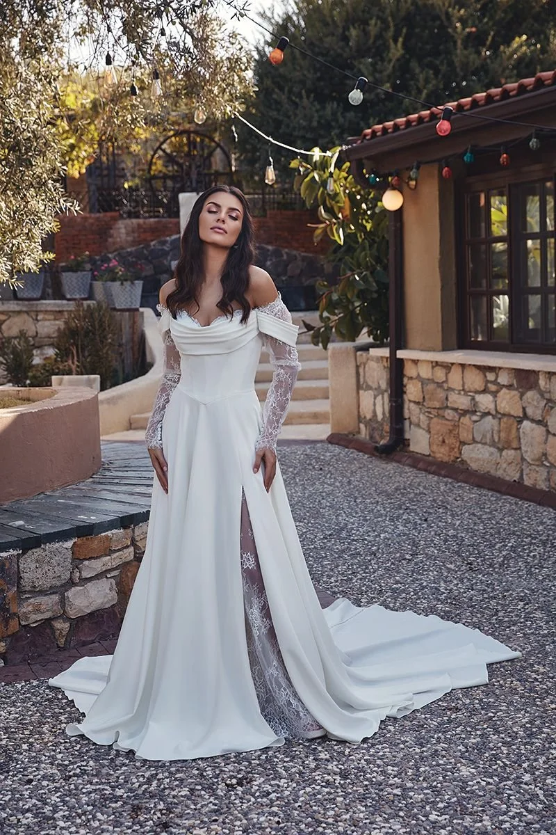 plus size wedding dress with leg split and long sleeves