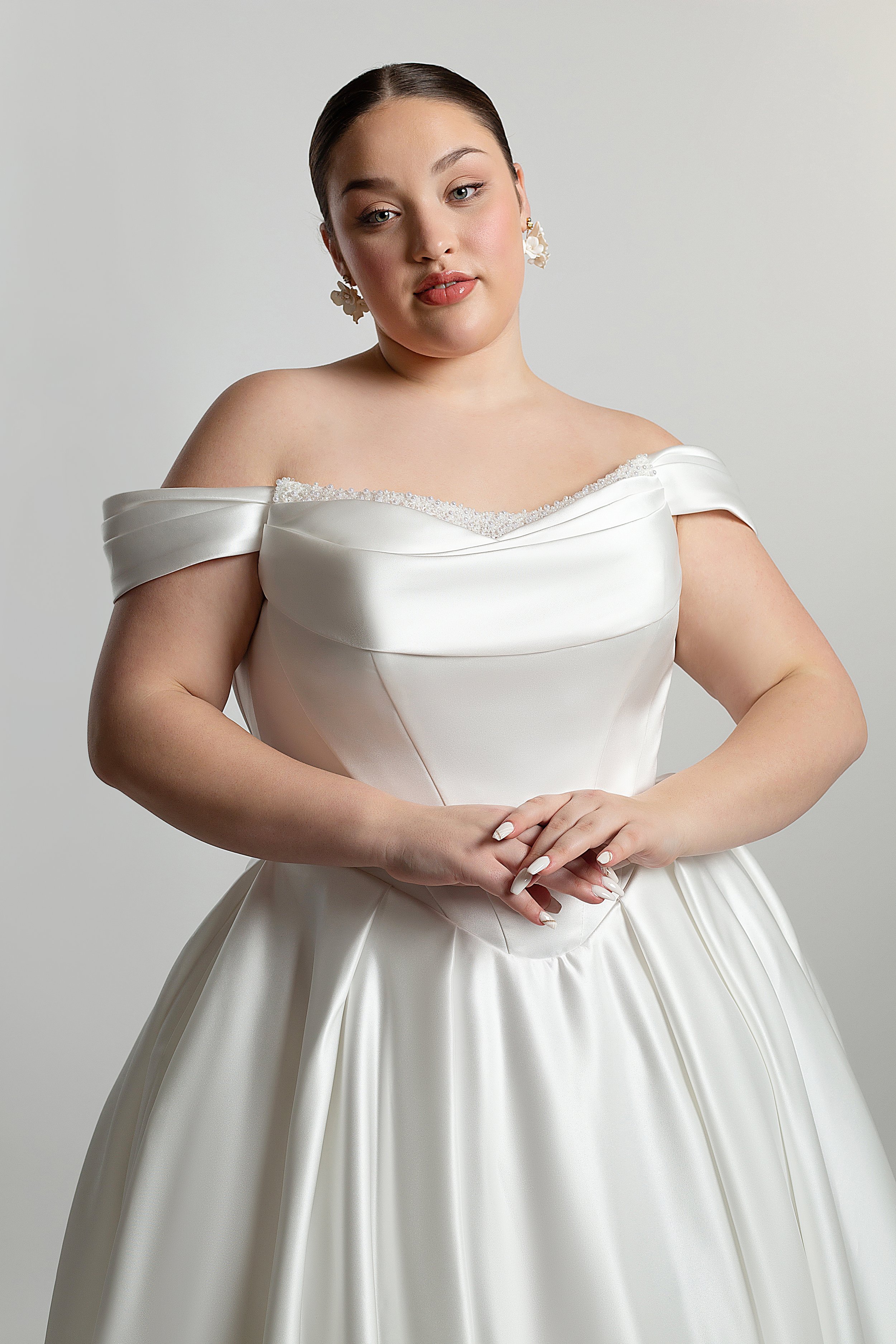 Plus size wedding dress with basque waist - satin ballgown plus size wedding dress in Surrey near London and West Sussex