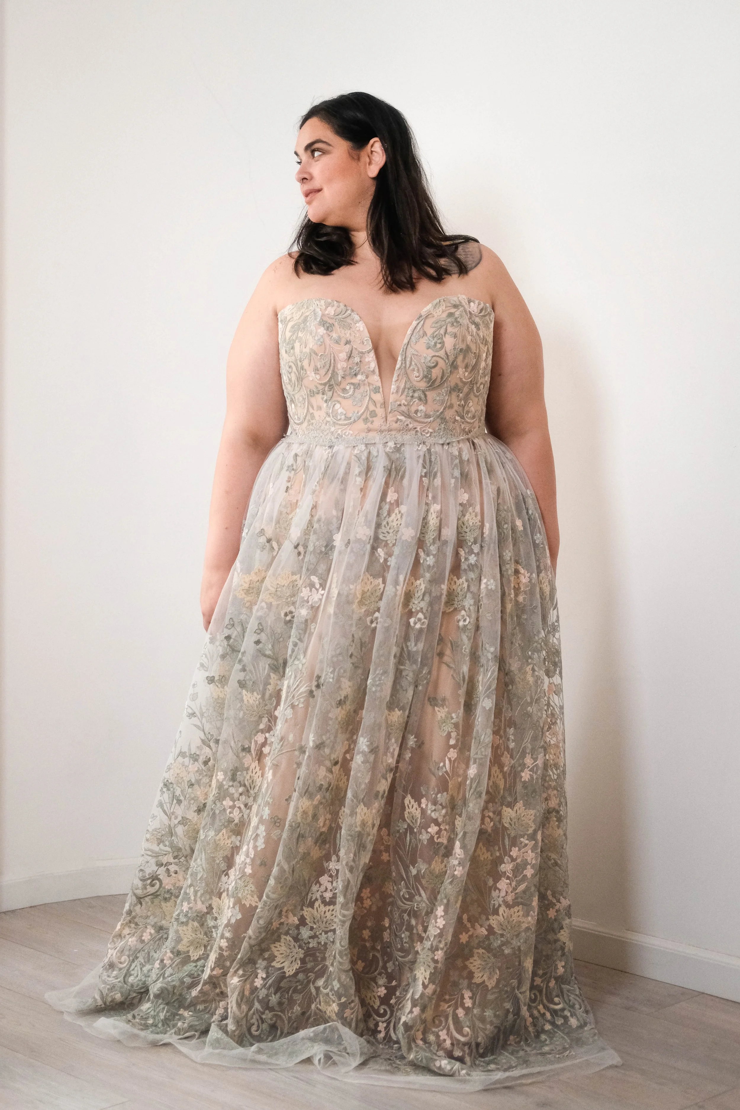Colourful plus size wedding dresses in Surrey near London - Plus size peach and green wedding dress UK South East