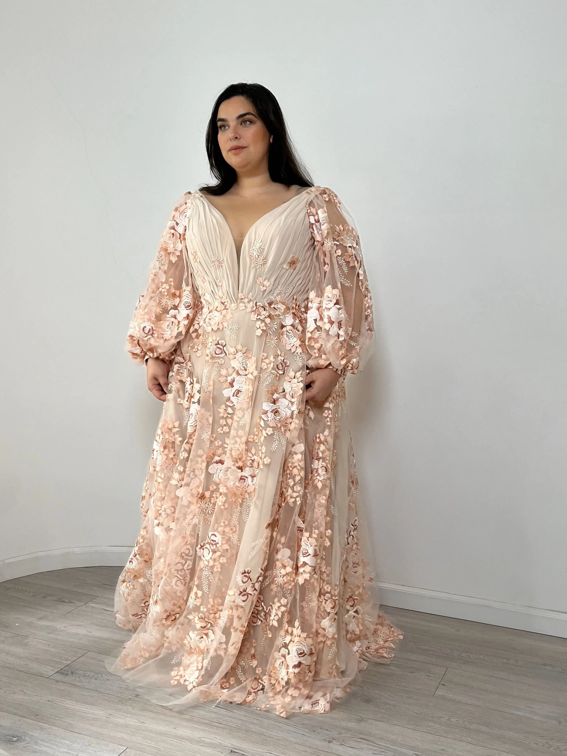Incredible pink plus size wedding dress - Plus size wedding dresses UK with flowers and sleeves - Surrey bridal shops