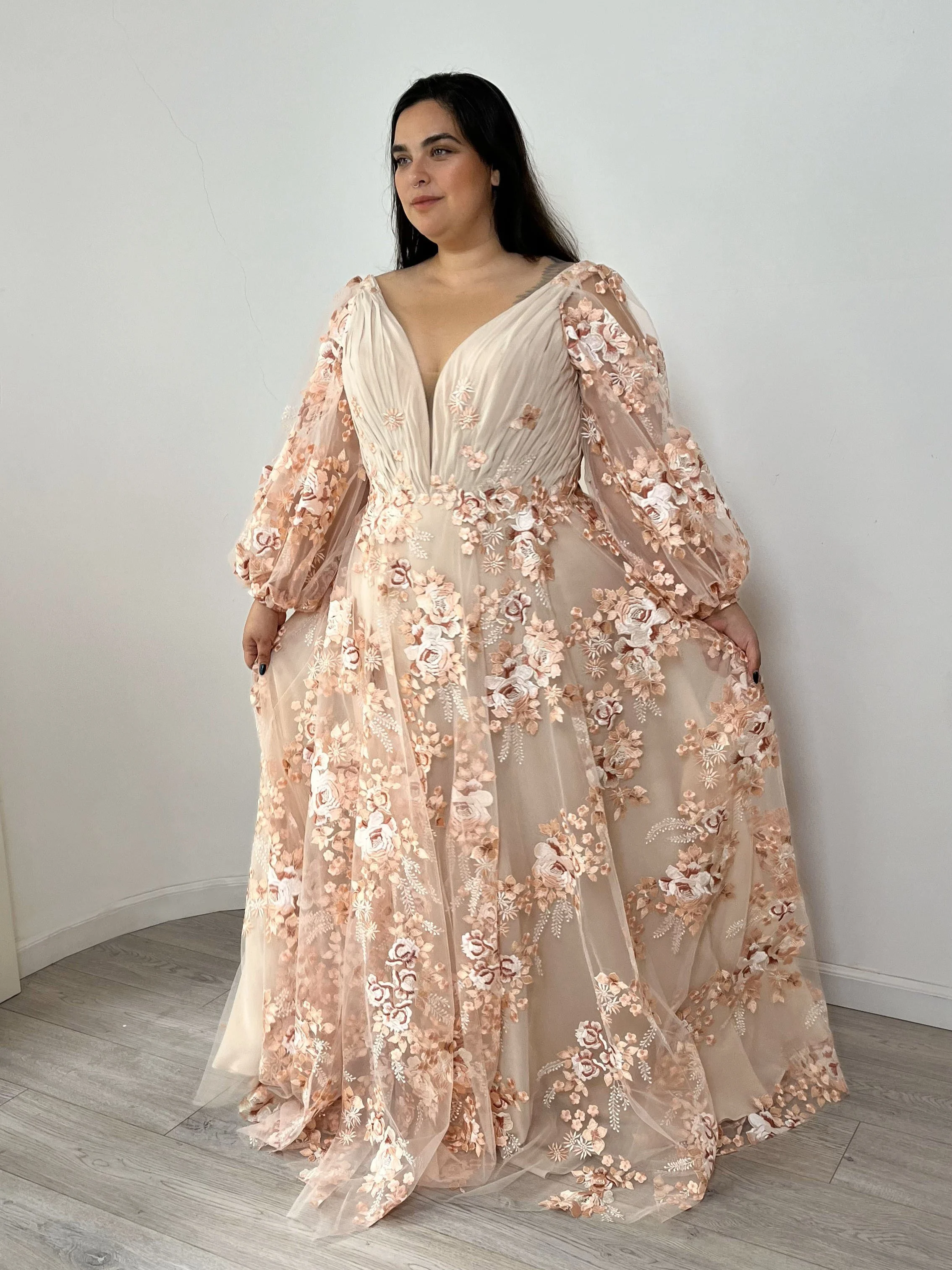 Incredible pink plus size wedding dress - Plus size wedding dresses UK with flowers and sleeves - Surrey bridal shops