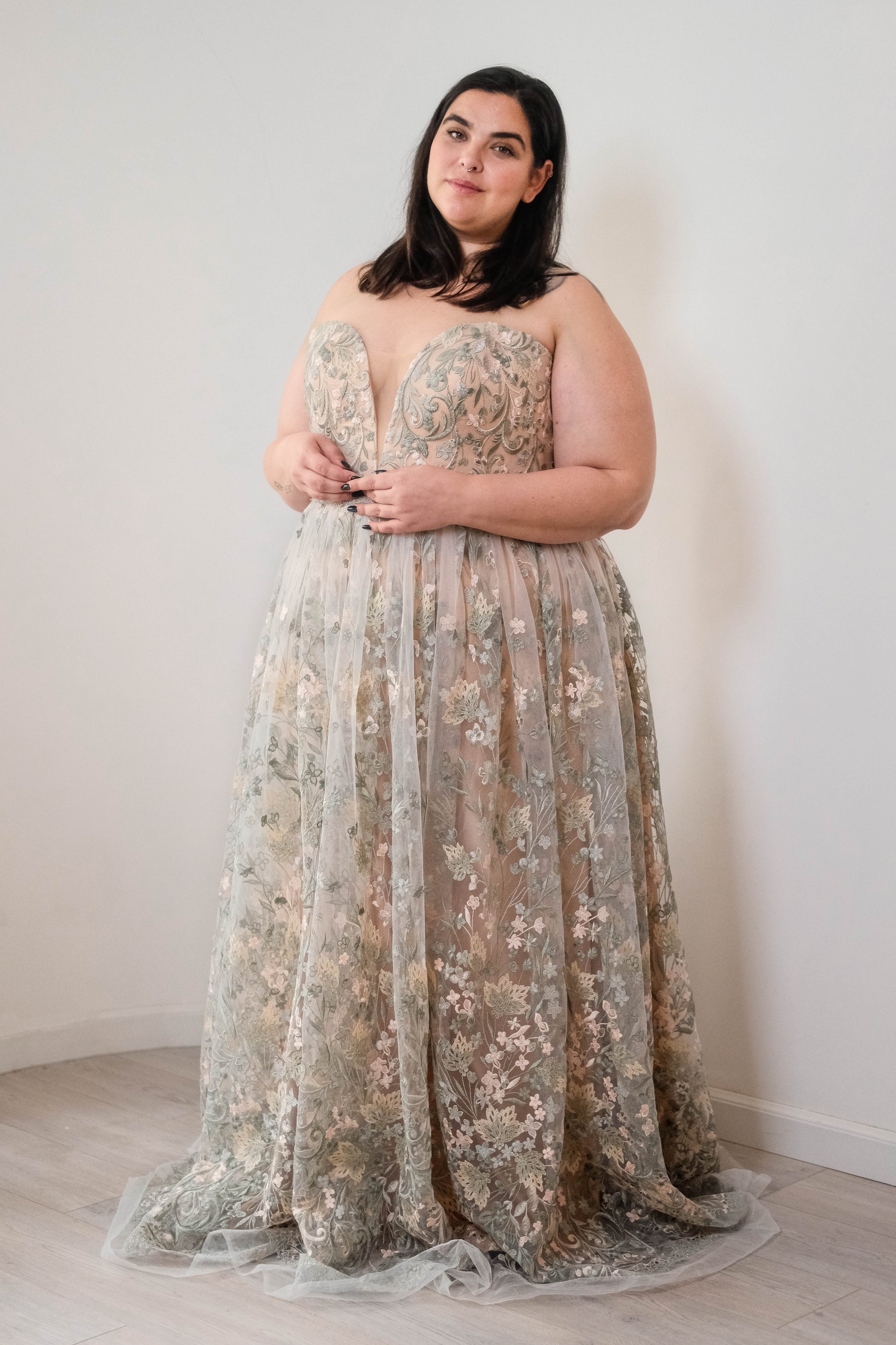 Colourful plus size wedding dresses in Surrey near London - Plus size peach and green wedding dress UK South East