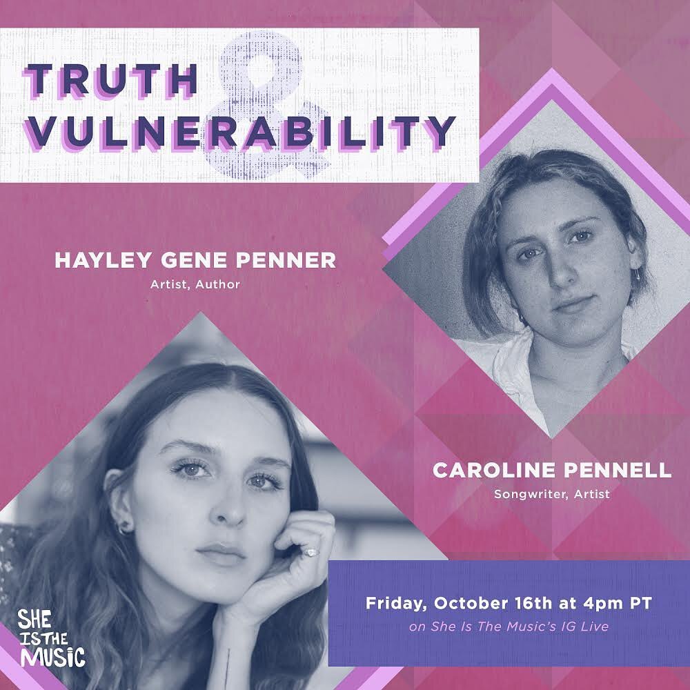 On Friday @carolinepennell are gonna talk on @sheisthemusic about how much we love each other and also how fun it is to tell the truth and also sex and bad choices and my book and her genius and writing rooms and being vulnerable. #peopleyoufollow