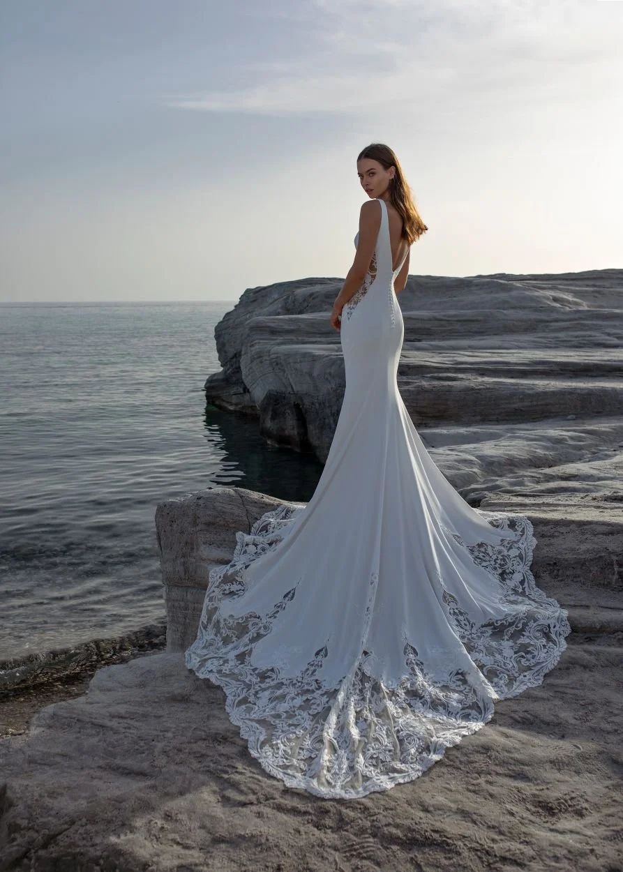plain wedding dress with lace train surrey uk