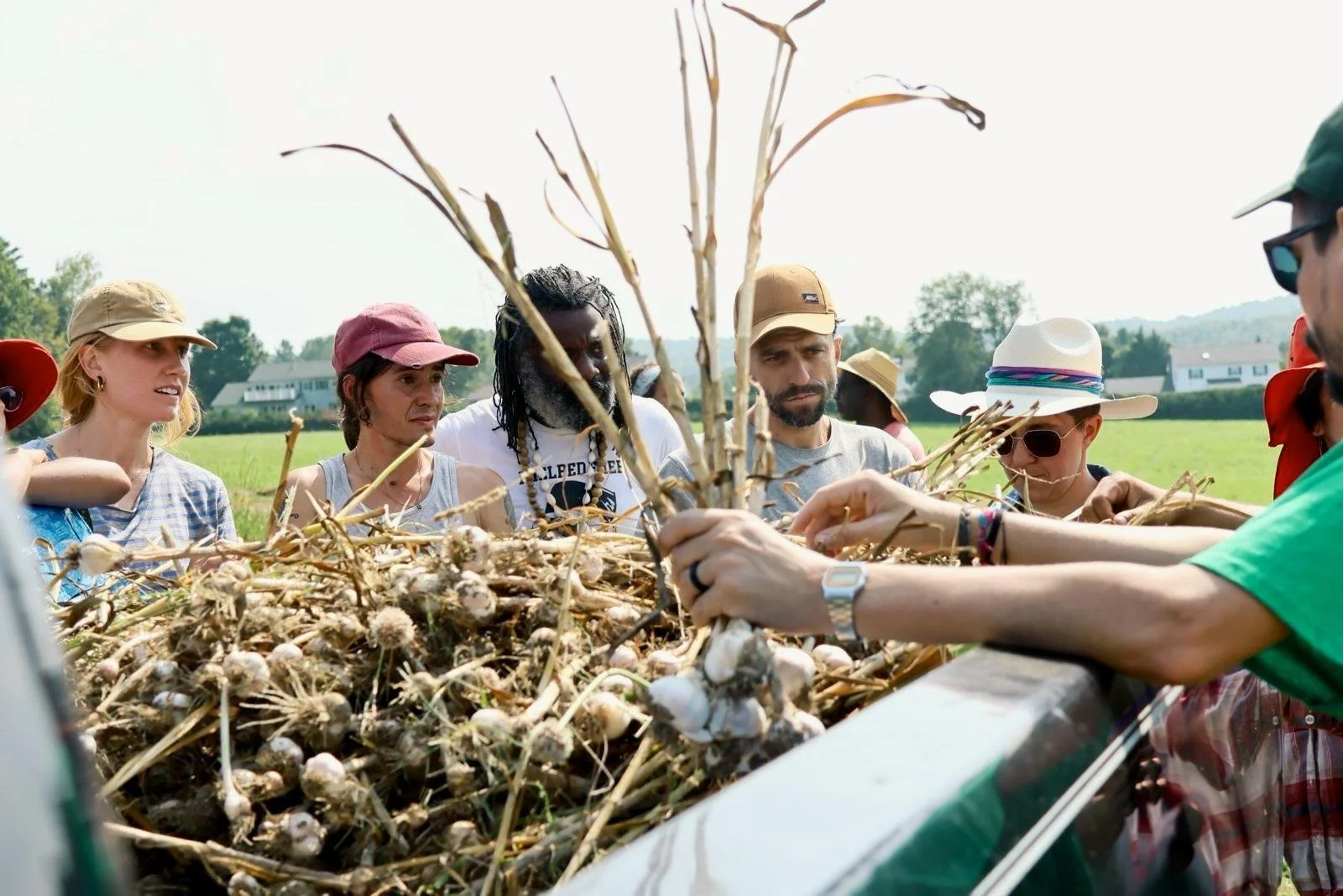  After harvesting garlic at Dawn Land Farm, we stopped to learn about the challenges of farm financing for first-time landowners. 
