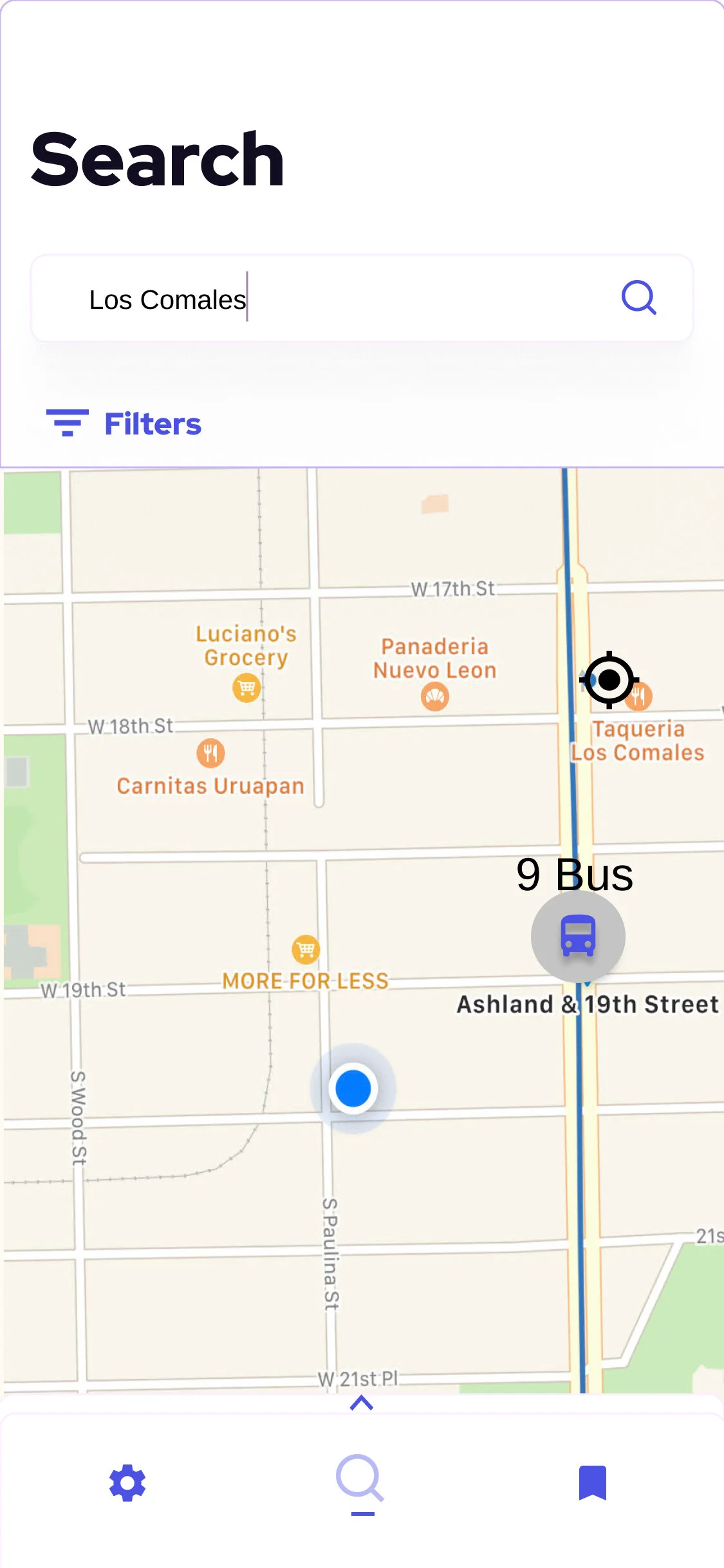 Screenshot of the user searching a hot taco spot using Chi-Route’s search functionality.