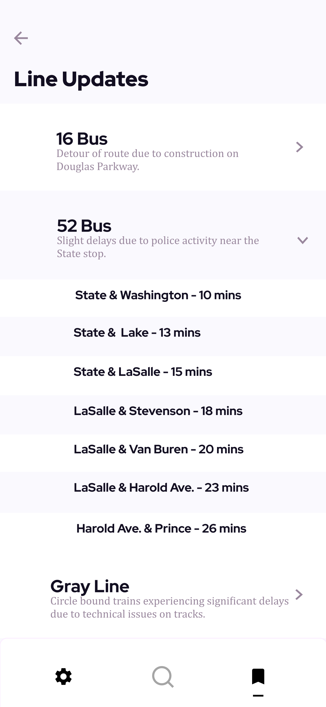 Initial wireframe of the saved line updates page.
