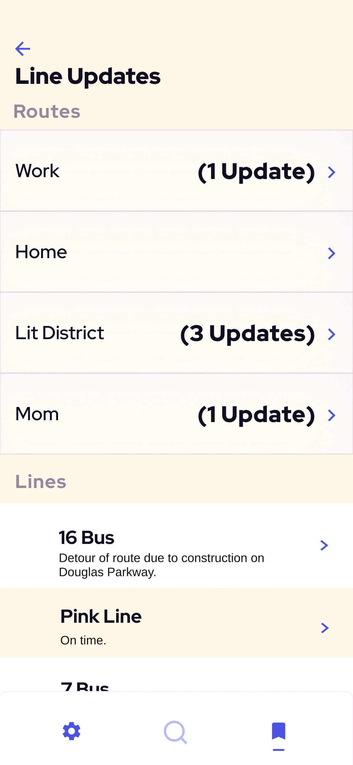 The Saved page allows users to quickly see their combined line Routes, how many status updates combined are on their saved lines for any one Route, and choose to scroll and find a specific line of use.