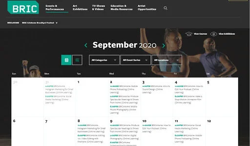 Screenshot of the BRIC Arts Calendar feature.