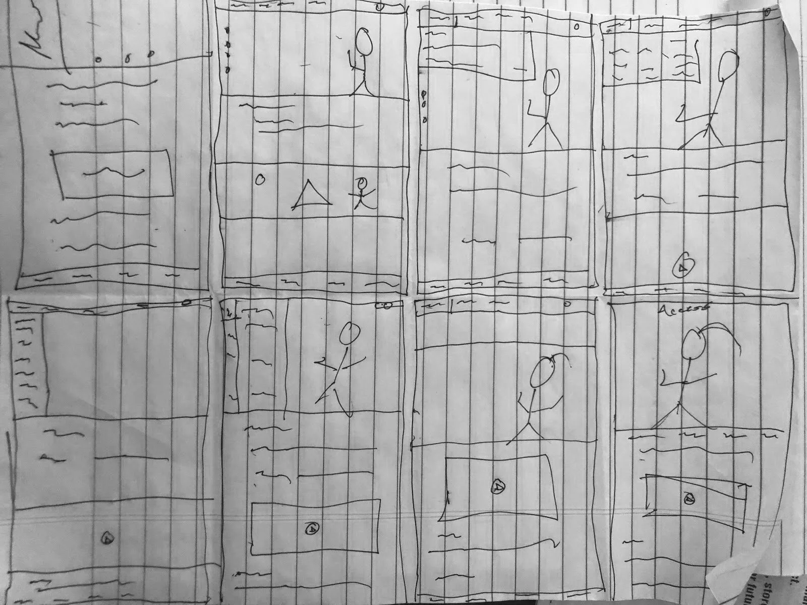 Eight different sketches of possible page layouts. Stick people are representative of images, squiggly lines are text, and lines are page breaks.